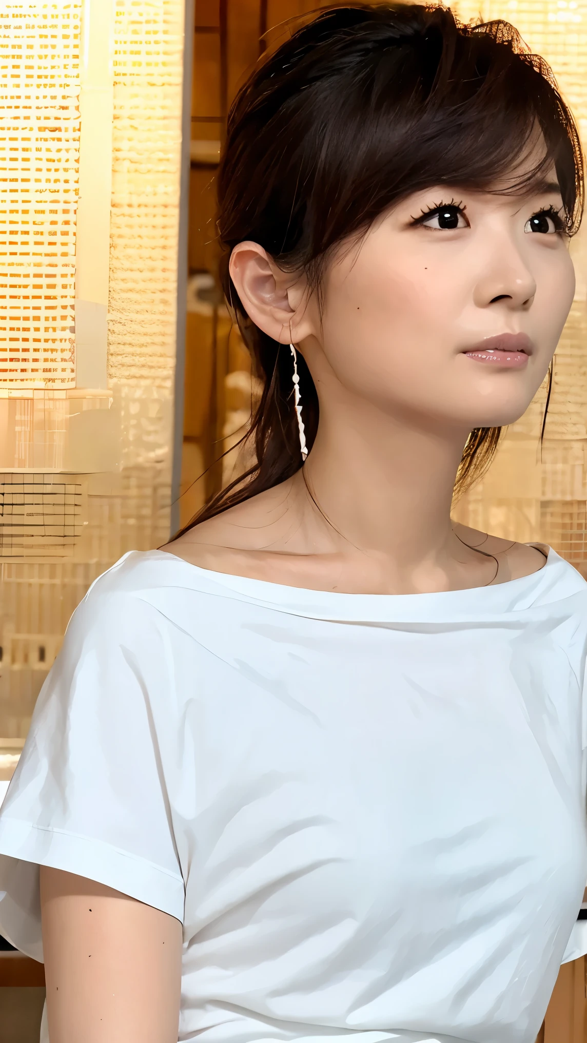 serious expression、 perfect fingertips,   please raise your arms 、 random pose、( big breasted)、Shabby White  Ｔ shirt、 high res,  high quality, 最 high quality,   very detailed,  by Nomi, 8k,  RAW Photo, 最 high quality, The appeal of masterpieces , wonderful,  Hair, Wear it up to your shoulders ,  mesh hair,  Japanese idol, Sophisticated,  stylish,  slim、