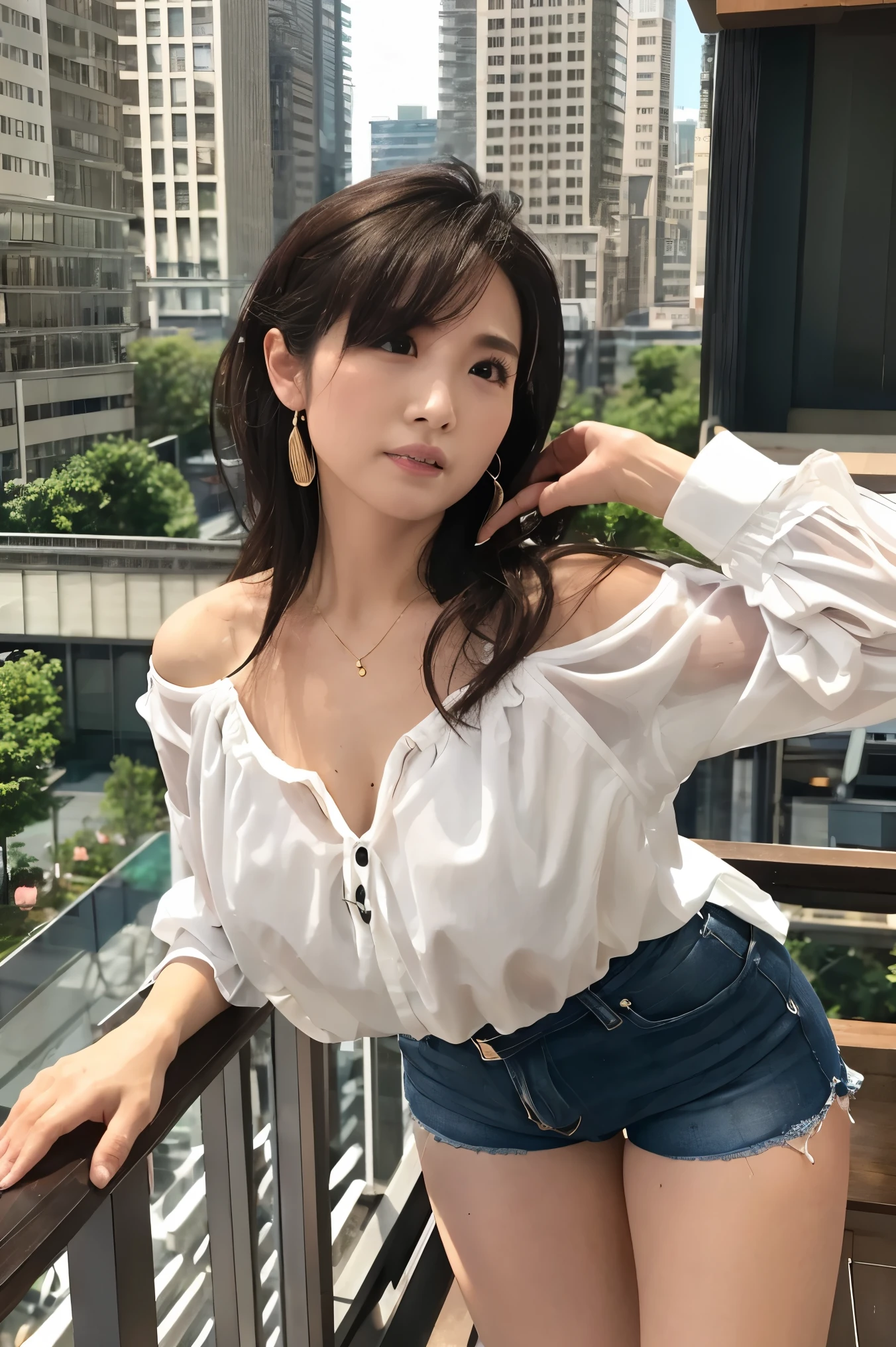 serious expression、 sexy、Among the skyscrapers、Composition from below 、 please raise your arms 、Touching the ears、 beautiful inner thighs 、luxury、 perfect fingertips, random pose、( Tiny Breasts )、 black denim shorts that are heavily worn and have holes、Sheer black collared blouse 、 see-through nipples、 high res, high quality, 最 high quality, very detailed, by Nomi, 8k, RAW Photo, 最 high quality, The charm of a masterpiece, wonderful, Hair, Wear it up to your shoulders , mesh hair, Japanese idol, Sophisticated, stylish、 Please be careful when browsing、 sunshine、