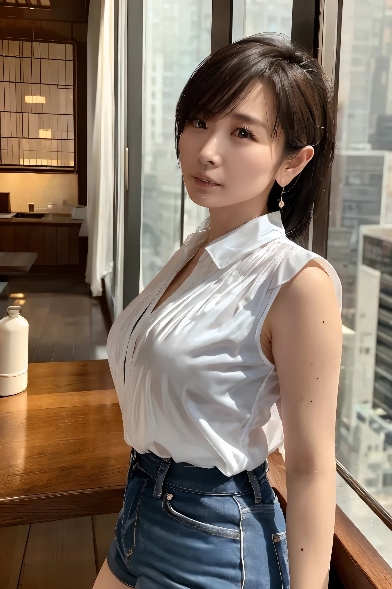  serious expression、 sexy、Among the skyscrapers、Composition from below 、 please raise your arms 、Touching the ears、  beautiful inner thighs  、luxury、 perfect fingertips, random pose、( Tiny Breasts )、  black denim shorts that are heavily worn and have holes、Sheer black collared blouse  、 see-through nipples、 high res,  high quality, 最 high quality,  very detailed,  by Nomi, 8k,  RAW Photo, 最 high quality, The charm of a masterpiece, wonderful,  Hair, Wear it up to your shoulders ,  mesh hair,  Japanese idol, Sophisticated,  stylish、 Please be careful when browsing、 sunshine、