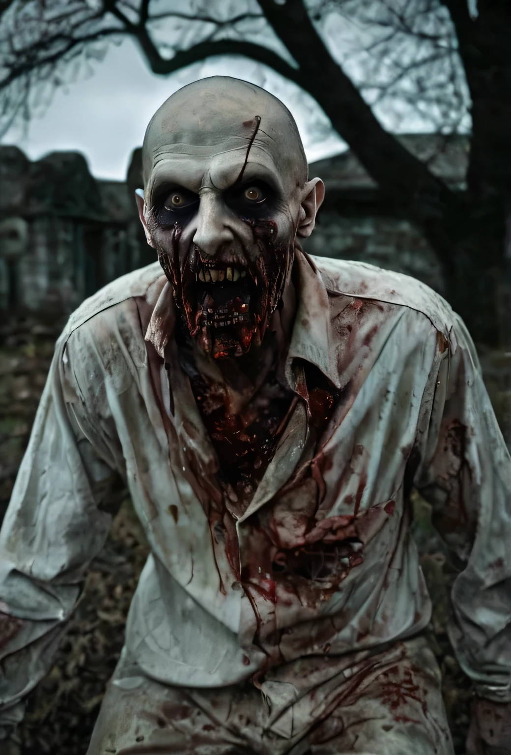 (zombie),(best quality,ultra-detailed),(horrifying,nightmarish),(living dead,undead:1.1),(rotting flesh),(pale skin),(sunken eyes),(bloody mouth and teeth),(torn clothes),(creepy atmosphere),(dark shadows),(emphasis on gory details:1.1),(horror movie),(zombie apocalypse),(moonlit graveyard),(eerie fog),(ominous moon),(spooky lighting),(sinister expression),(abandoned buildings),(cemetery),(shuffling walk),(decay),(creaking sounds),(eerie silence),(ghastly appearance),(horror makeup),(menacing figure),(sinister presence),(unearthly groaning),(horrifying transformation),(unsettling atmosphere),(imposing posture),(dead eyes),(haunting),(terrifying scene),(distorted limbs),(menacing aura),(grimacing face),(unholy terror),(pleasingly grotesque:0.9),(shambling gait),(guts and gore),(horrific details),(biting and devouring),(creepy visuals)