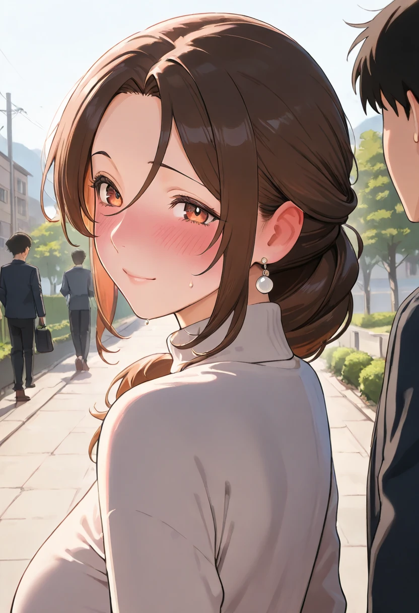 masterpiece, top quality, LATEST ANIME , beautiful mature woman ,Outdoors .safe, Perfect Eyes, perfect eyes, and my cheeks are blushing