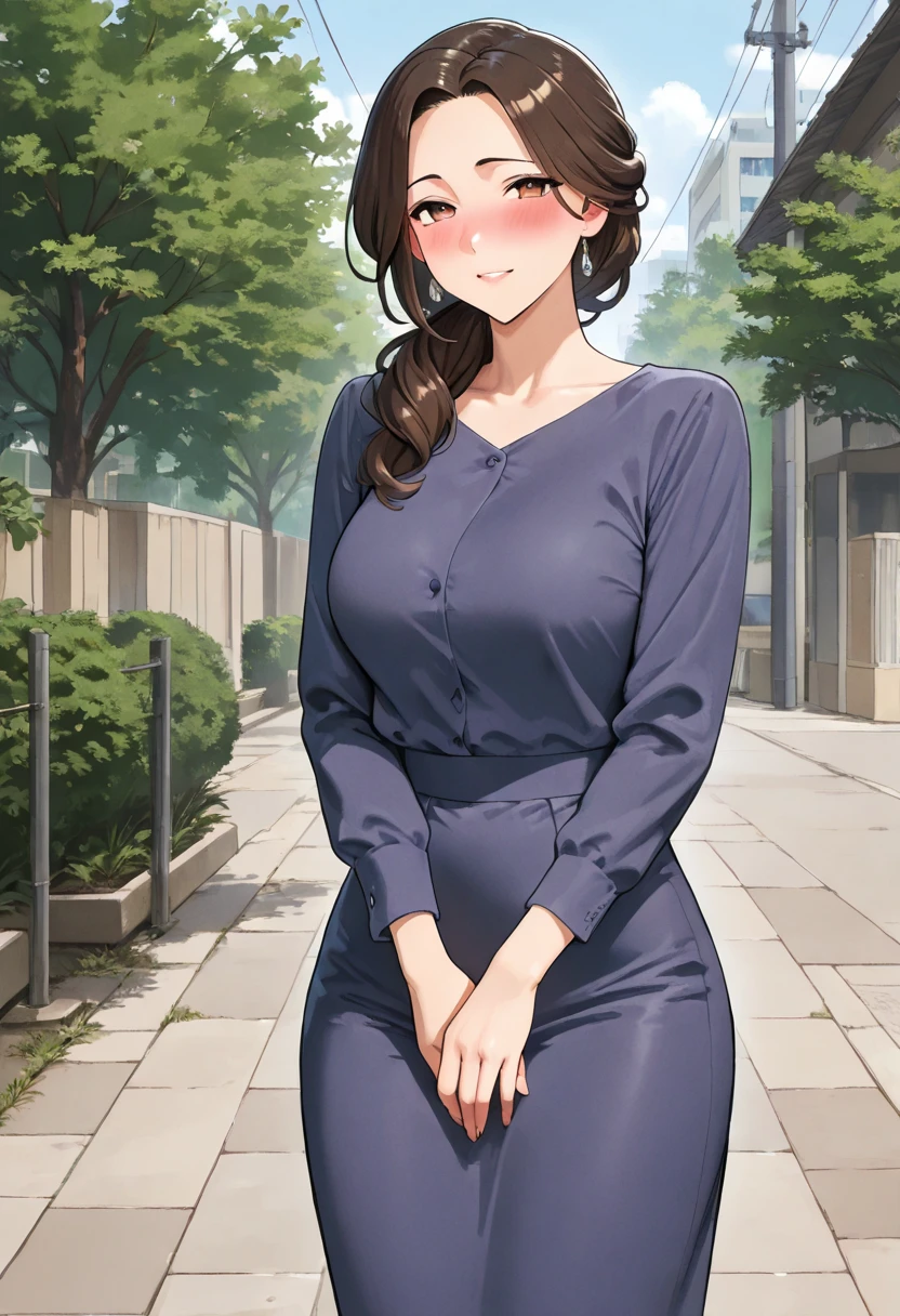 masterpiece, top quality, LATEST ANIME , beautiful mature woman ,Outdoors .safe, Perfect Eyes, perfect eyes, and my cheeks are blushing