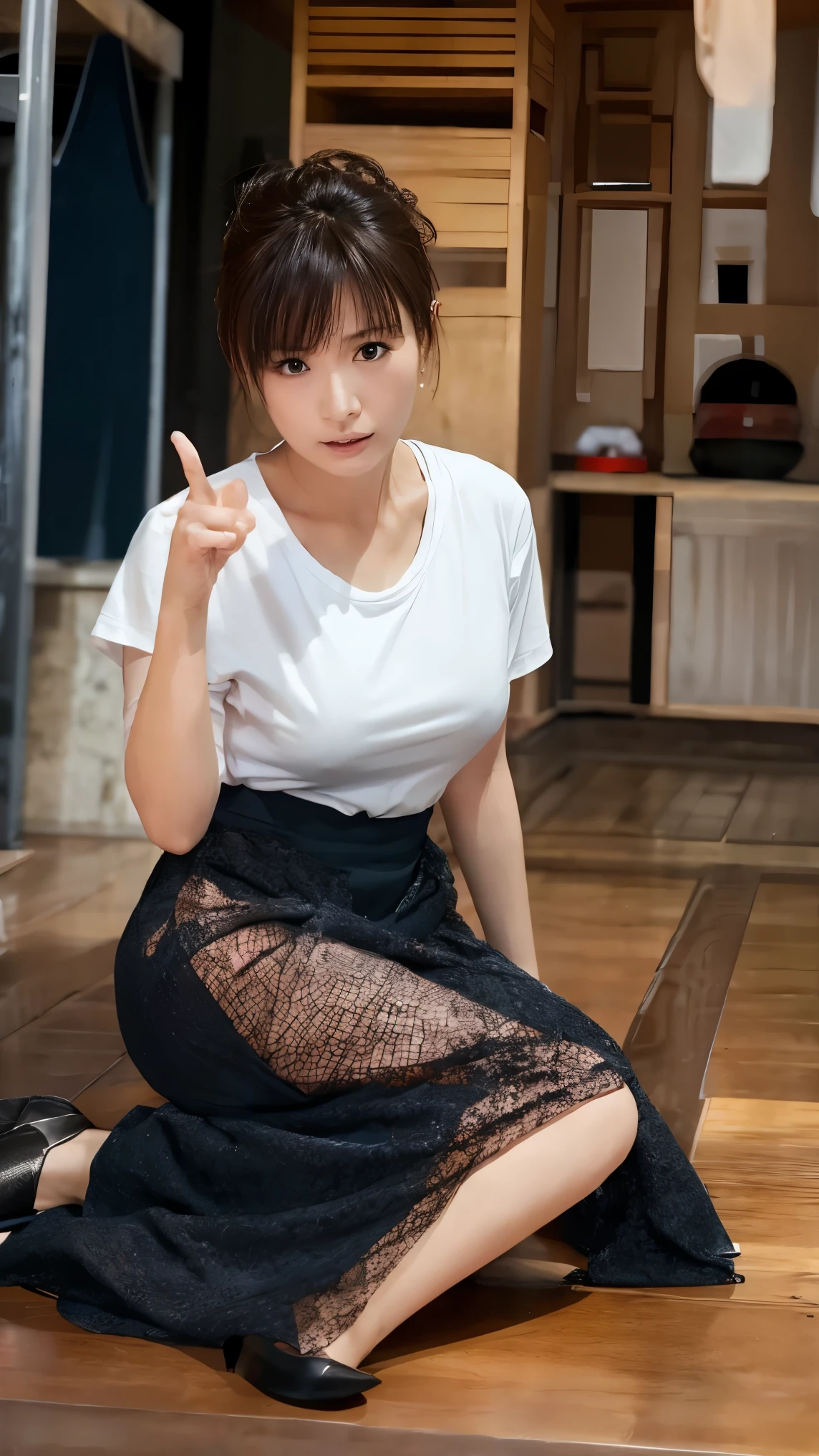 serious expression、 perfect fingertips,   please raise your arms 、 random pose、( big breasted)、Shabby White  Ｔ shirt、 high res,  high quality, 最 high quality,   very detailed,  by Nomi, 8k,  RAW Photo, 最 high quality, The appeal of masterpieces , wonderful,  Hair, Wear it up to your shoulders ,  mesh hair,  Japanese idol, Sophisticated,  stylish,  slim、
