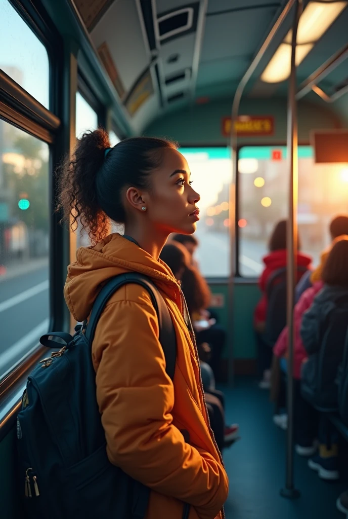 criar uma imagem de um aluno sorrindo, with a backpack looking at the camera on a bus, imagem em 4k, quero uma imagem bem animada