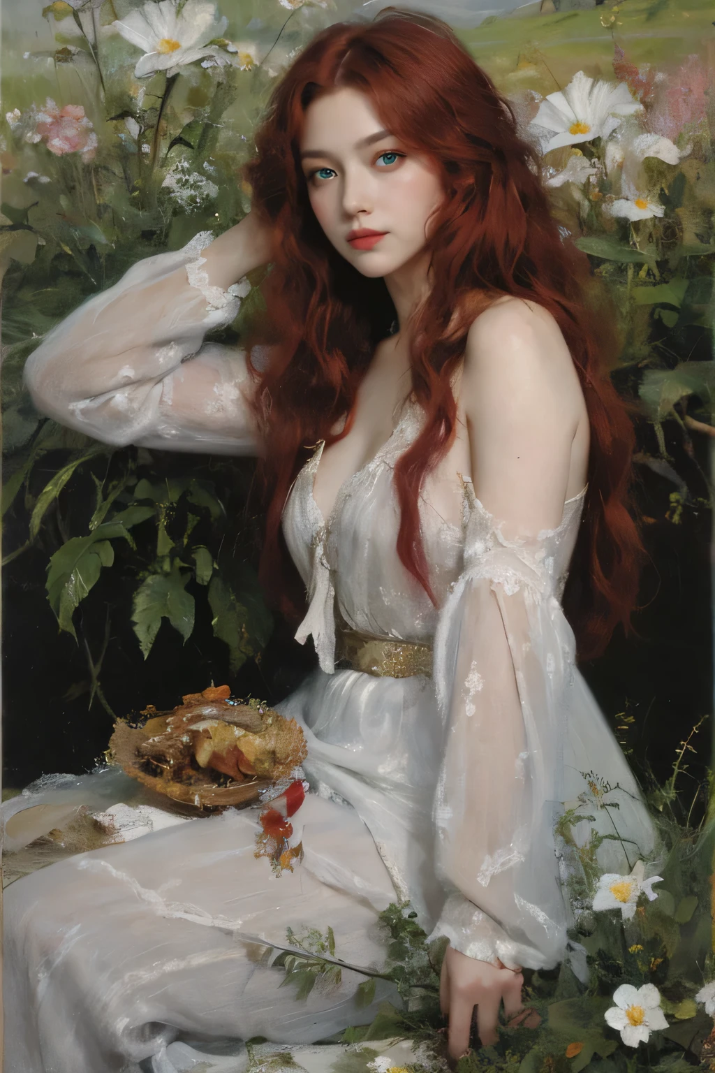 painting of a girl in long white simple transparent dress, bare feet, carries large fern leaf in relaxed hand, in profile, very long red hair, white skin, green grass, girl seems transparent, dramatic, dark atmosphere, cinematic scene, volumetric lights, ultra realistic, in the style of nicola samori