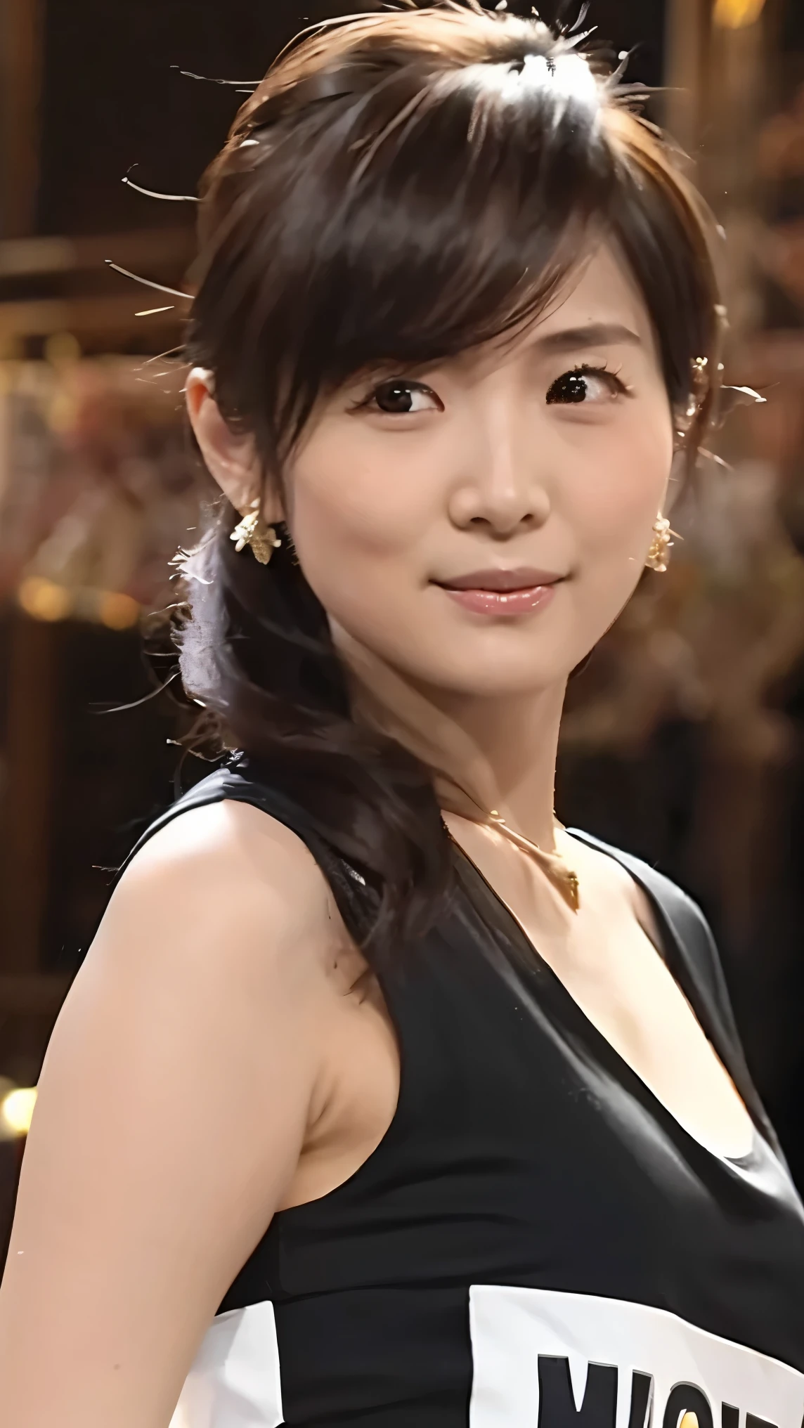 serious expression、 slim、 perfect fingertips, please raise your arms 、 random pose、( big breasted)、blackT shirt、 high res, high quality, 最 high quality, very detailed, by Nomi, 8k, RAW Photo, 最 high quality, The appeal of masterpieces , wonderful, Hair, Wear it up to your shoulders , mesh hair, Japanese idol, Sophisticated, stylish,