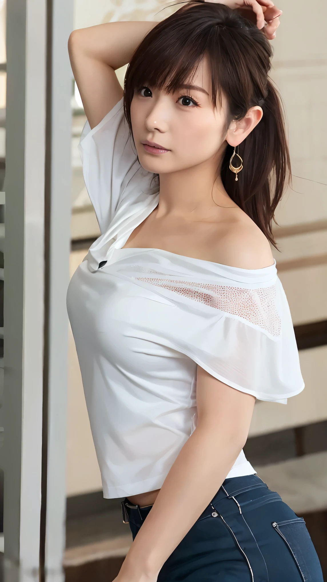 serious expression、 slim、 perfect fingertips, please raise your arms 、 random pose、( big breasted)、blackT shirt、 high res, high quality, 最 high quality, very detailed, by Nomi, 8k, RAW Photo, 最 high quality, The appeal of masterpieces , wonderful, Hair, Wear it up to your shoulders , mesh hair, Japanese idol, Sophisticated, stylish,