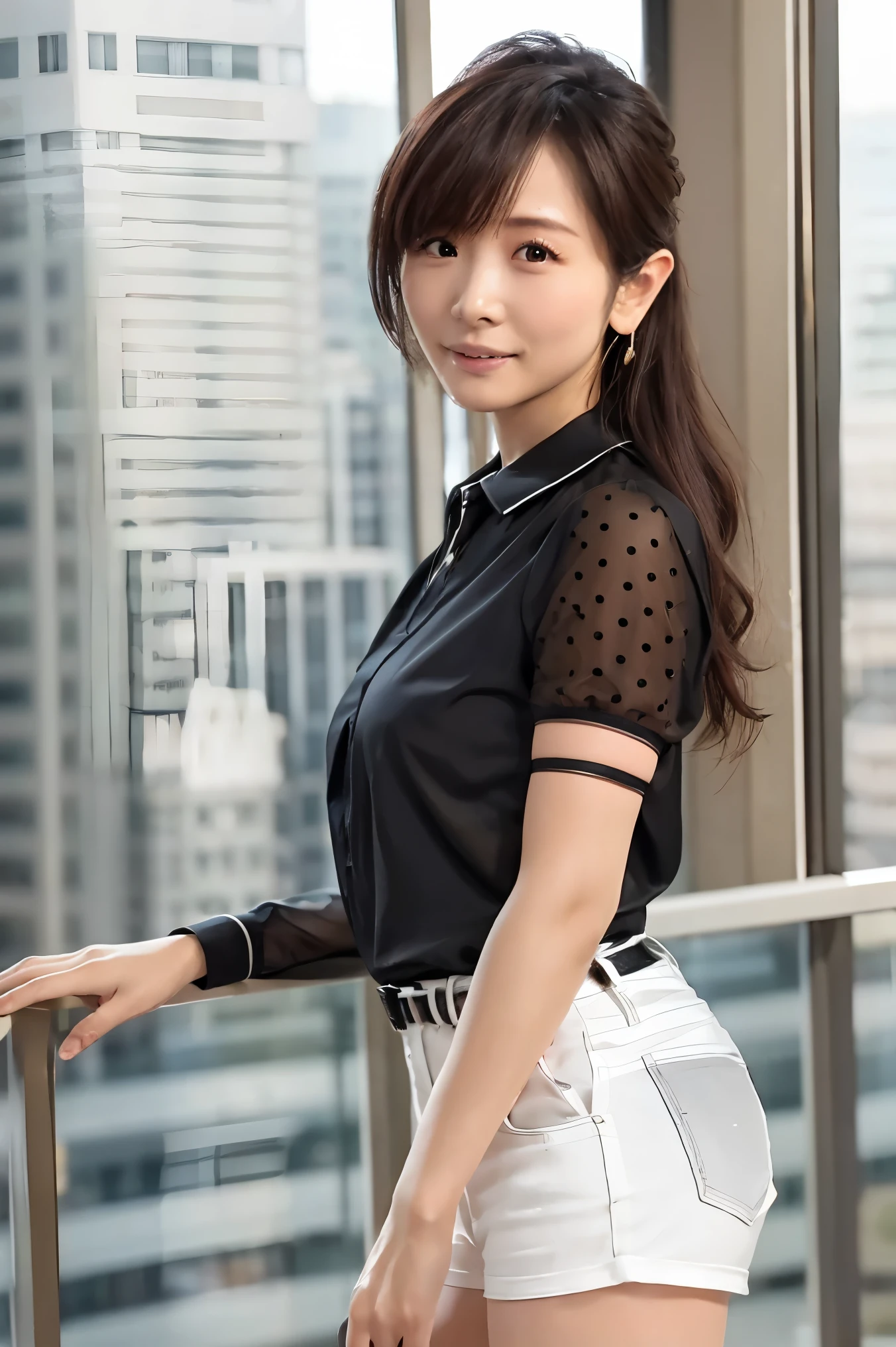 sexy、Among the skyscrapers、Composition from below 、 please raise your arms 、Touching the ears、 beautiful inner thighs 、luxury、 perfect fingertips, random pose、( Tiny Breasts )、 black denim shorts that are heavily worn and have holes、Sheer white collared blouse 、 see-through nipples、 high res, high quality, 最 high quality, very detailed, by Nomi, 8k, RAW Photo, 最 high quality, The charm of a masterpiece, wonderful, Hair, Wear it up to your shoulders , mesh hair, Japanese idol, Sophisticated, stylish、 Please be careful when browsing、 sunshine、