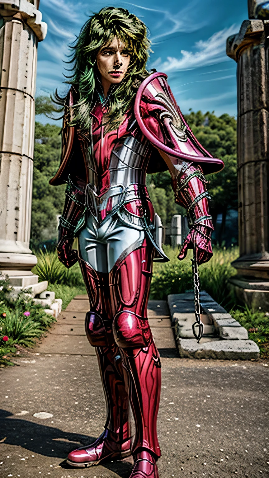 1 beauty girl,andromedagreen eyes, helmet,armor,palace, god_cloth,((green hair:1.2)),holding a chain,wing,fingerless gloves,medium breasts, helmet, pauldrons, electricity,energy , BREAK
best quality, (MASTERPIECE:1.2),((Hyper realistic:1.4)),(POST PROCESSING:1.3),(SHARP FOCUS:1.2),((shinning armor)), (reflection armor),BREAK
(greek temple ruins:1.2),((feet out of frame:1.2)) , ((standing:1.2)),