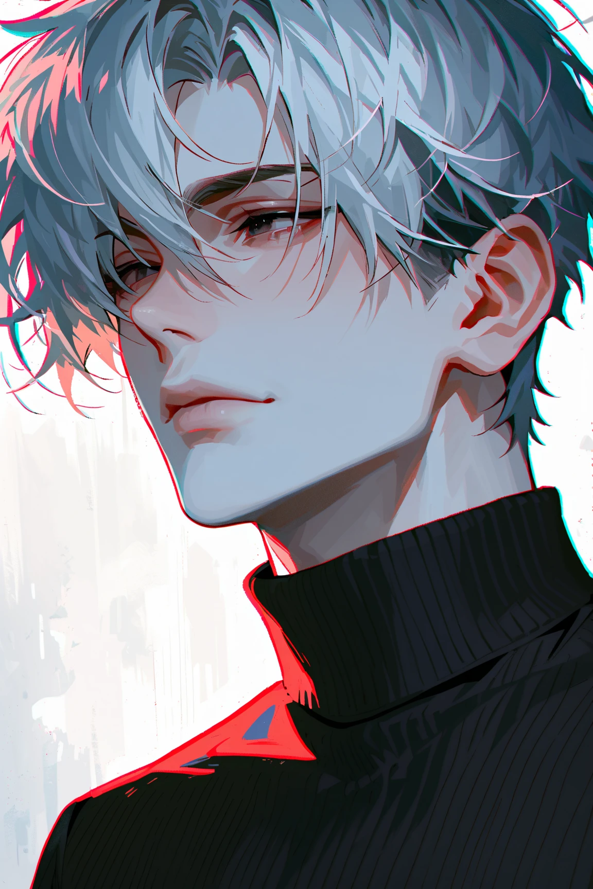 impasto, short hair, masterpiece, best quality, 1 man , white hair , perfect face , black eye , handsome male , Alone, pale skin , adult male , upper body , delicate line drawing,Extremely detailed , a faint smile, black turtleneck