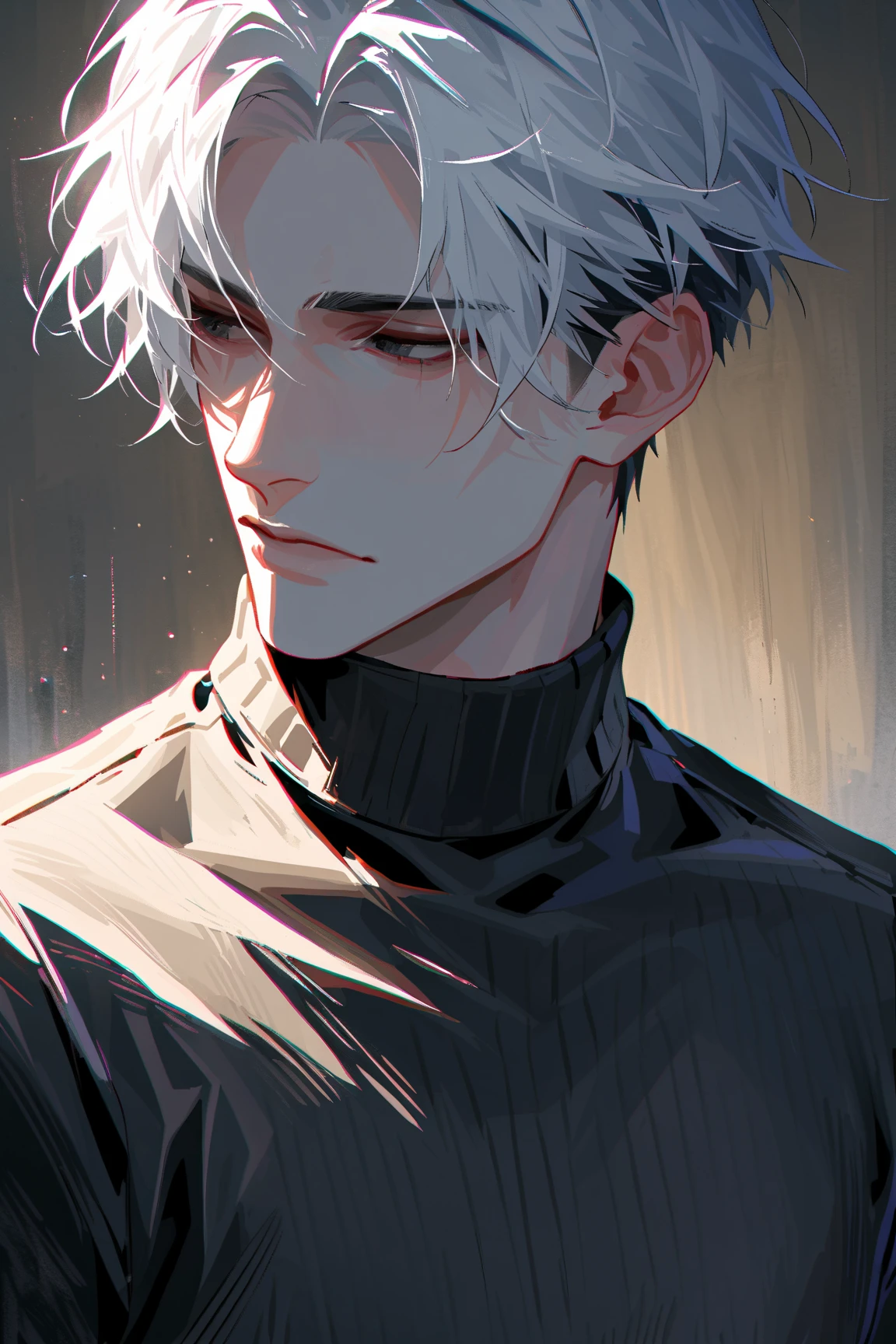 impasto, short hair, masterpiece, best quality, 1 man , white hair , perfect face , black eye , handsome male , Alone, pale skin , adult male , upper body , delicate line drawing,Extremely detailed , a faint smile, black turtleneck