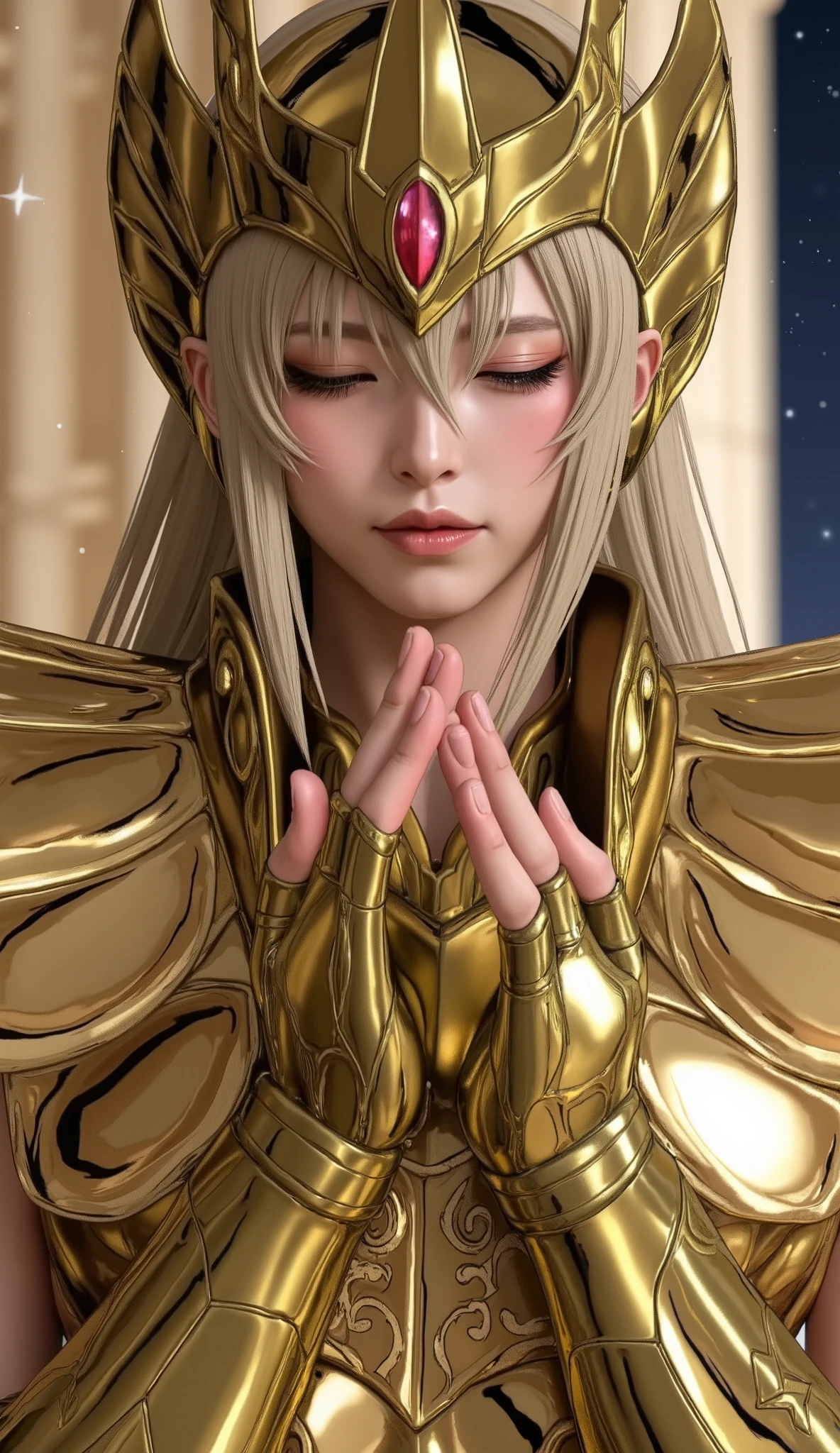 (Korean woman who cosplayed as Shaka from Virgo Balgo),((( close my eyes))), (((live-action))),(Young face),(((Close your eyelids))),(( full body shot on one side)),((Ancient Greek Temple )),(( shooting star, Milky Way)),(((Golden Shining Armor))),( perfect body),((Place your hands slightly apart and put them together)),( Soft Light on Your Face), shiny skin ,(( blonde long hair)),(( beautiful straight hair )), blue eyes, (8k, top quality , masterpiece:1.2, very knowledgeable about trends),(( anatomically correct, Ultra Detailed Skin )),