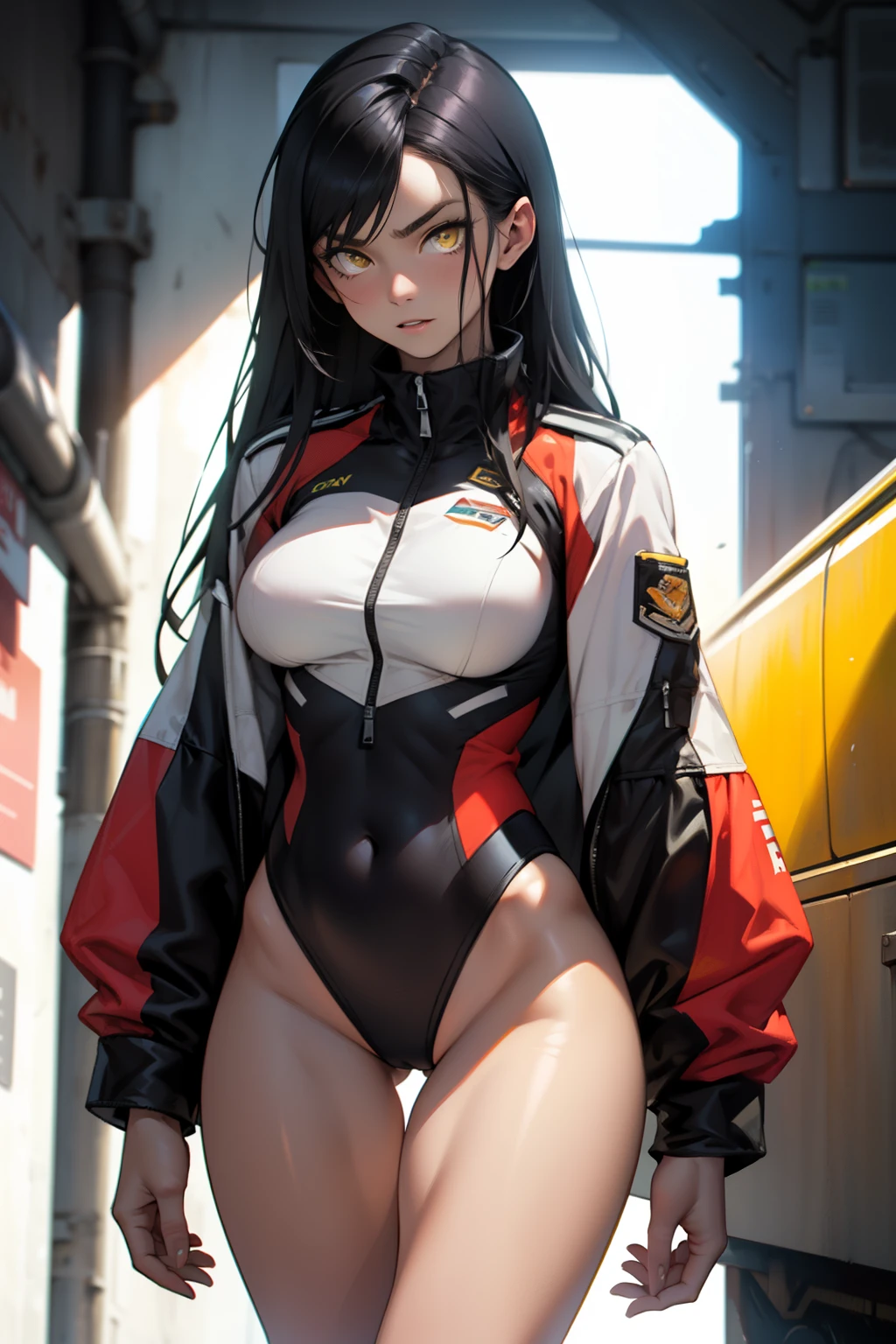 masterpiece, highest quality, High resolution, 1 girl, ticker, long hair, big breasts, race_Queen,purple leotard, Jacket, embarrassing,closed mouth, field,