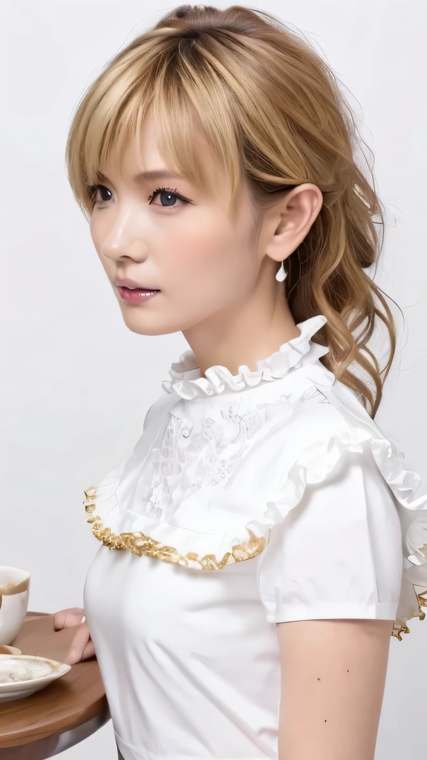 (((amount、 blonde、Northern Europe、White、 beautiful girl、 blonde、 white background、frills、、 dress)))、 Table Top, top quality, shape, very detailed, finely, high res, 8k Wallpaper, perfect dynamic composition, Beautiful Eyes with Attention to Details , Deco Out, Gold, medium hair , Super Big Breasts, natural color lip, white background, Random Cute Poses,frill dress