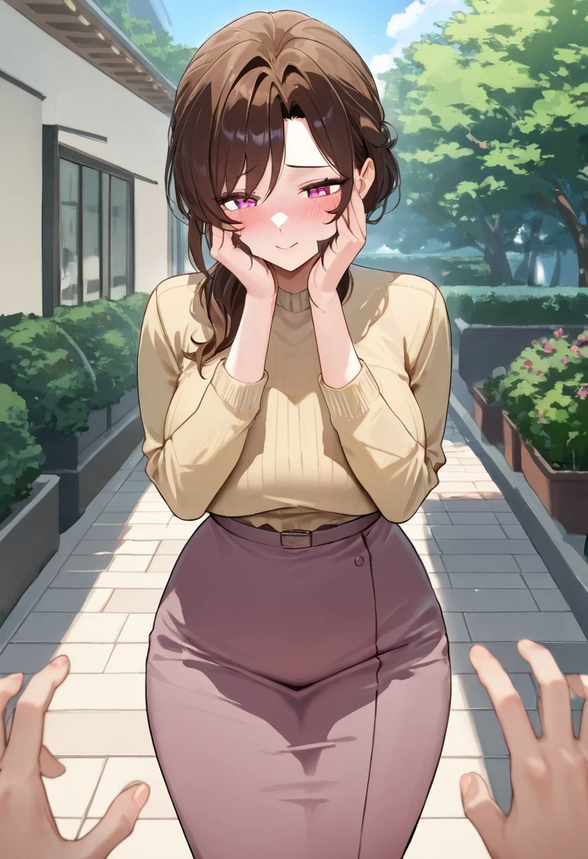 (( one woman standing upright on the floor)), masterpiece, top quality, LATEST ANIME , beautiful mature woman ,Outdoors .safe, Perfect Eyes, perfect eyes, and my cheeks are blushing, perfect hands, seen from the front