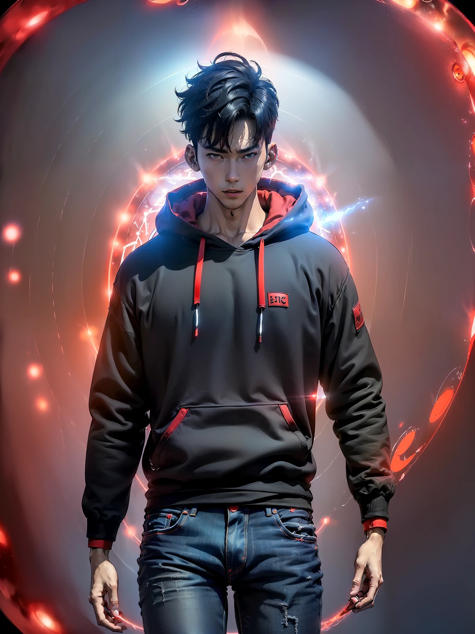 ((Sung Jin Woo ))(( Masterpiece)) (( best quality)) (( ultra detailed) ((Sung jin woo extremely finished image)) (( Sung is in front of a red portal, this portal is a red energy that floats in the air. )) (( He wears a black sweatshirt and jeans)) ((Loca city )) ((Look focused and that's it)) (( Close up of a camera)) ((foco no sung)) (( muscular body))