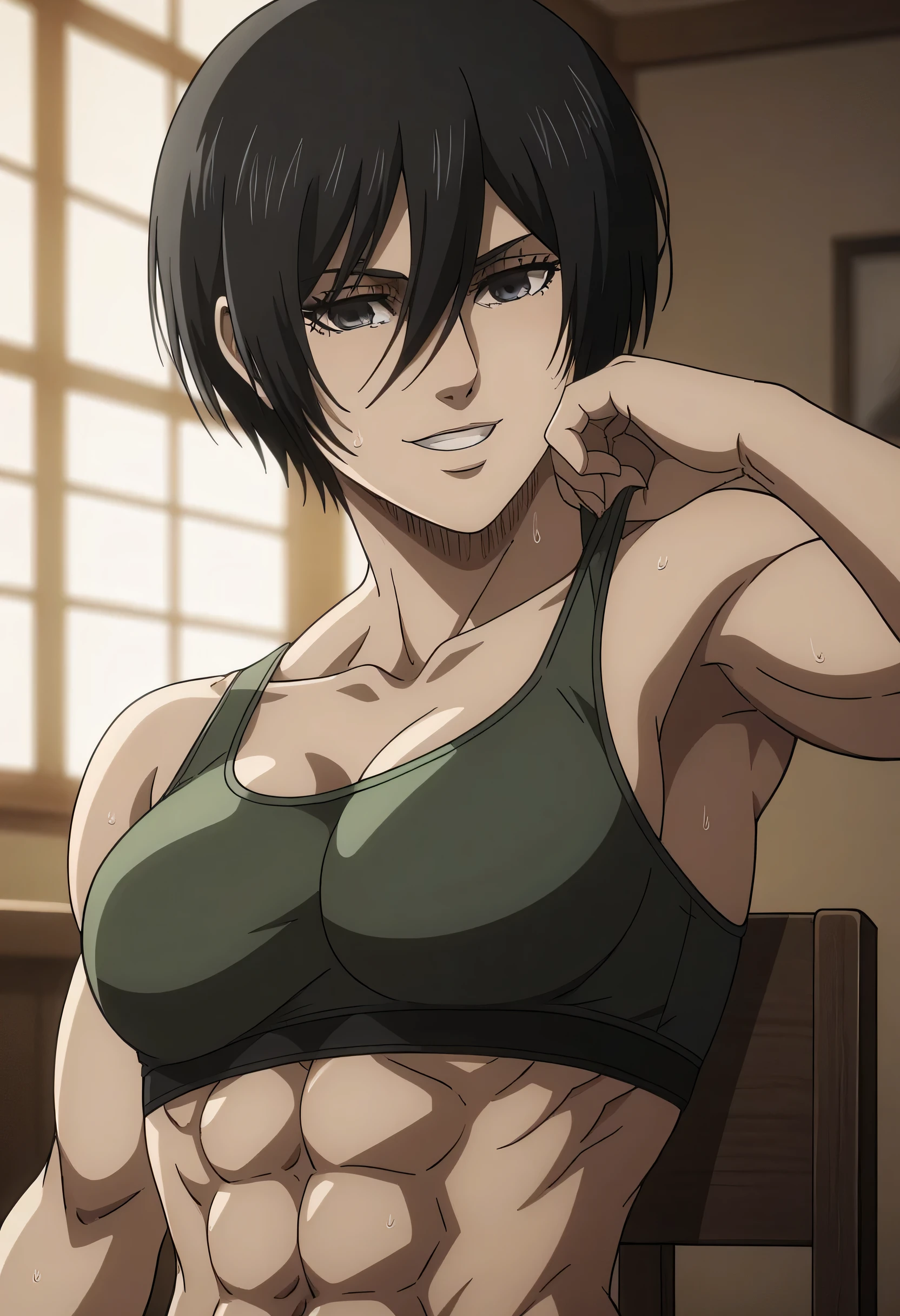 score_9, score_8_up, score_7_up, BREAK source_anime, mikasa ackrman, grey eyes, black hair, short hair, medium breasts,Mikasa wreanig open green zipper jacket black long sleeve and tight sport Elastic fiber bra and black normal trousers,mikasa with good looking body,perfect lighting,mikasa final season design,mikasa mappa version,sitting on chair, Perfect generation,mikasa boy hairstyle,mikasa season 4 version,attack on titan graphics,in night,HD wallpaper,perfect colors,pixie cut hairstyle,fighting face,,Sweat body,mikasa flat stomach,mikasa only six-pack,normal body size,anime style,tone six-pack,attack on titan season 4 style,upper body,close review to character,bra design as tank top, mikasa handsome face,in bedroom,light trun off in room,mikasa alone in room,solo,1girl, serratus anterior muscles,Qblique muscles,female navel,teeth appear at smile,too white skin,fixing character clothes