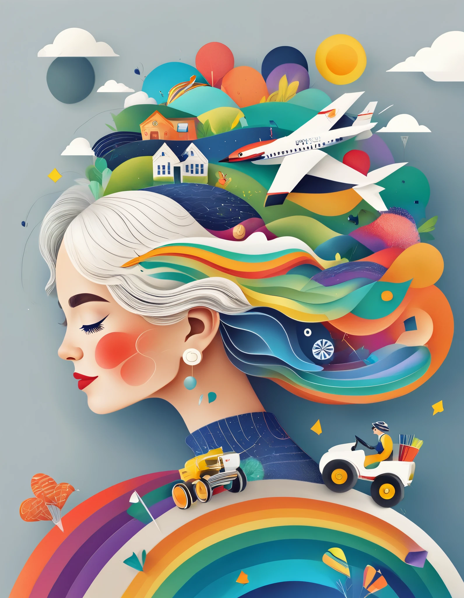 (Long Shot: 1.8), ( masterpiece, Best Quality : 1.2), (Flat vector: 1.3), art concept illustration , Minimalist, Minimalist风格,), The head of a grey-haired Chinese grandmother is decorated with many colorful trolley cases and(Playing cards playing cards ,sunglasses,(straw hat),camera, airplane ,bike, and hair with racing and track elements , with various patterns and fonts ( The neck blends with the scattered racetrack ), ( sports trail ), Rainbow Alley fantasy illustration , evokes the charm of crazy racing . The background blends with her hair , portraits and racing elements put together , for imaginative illustrations , Dream concept ,