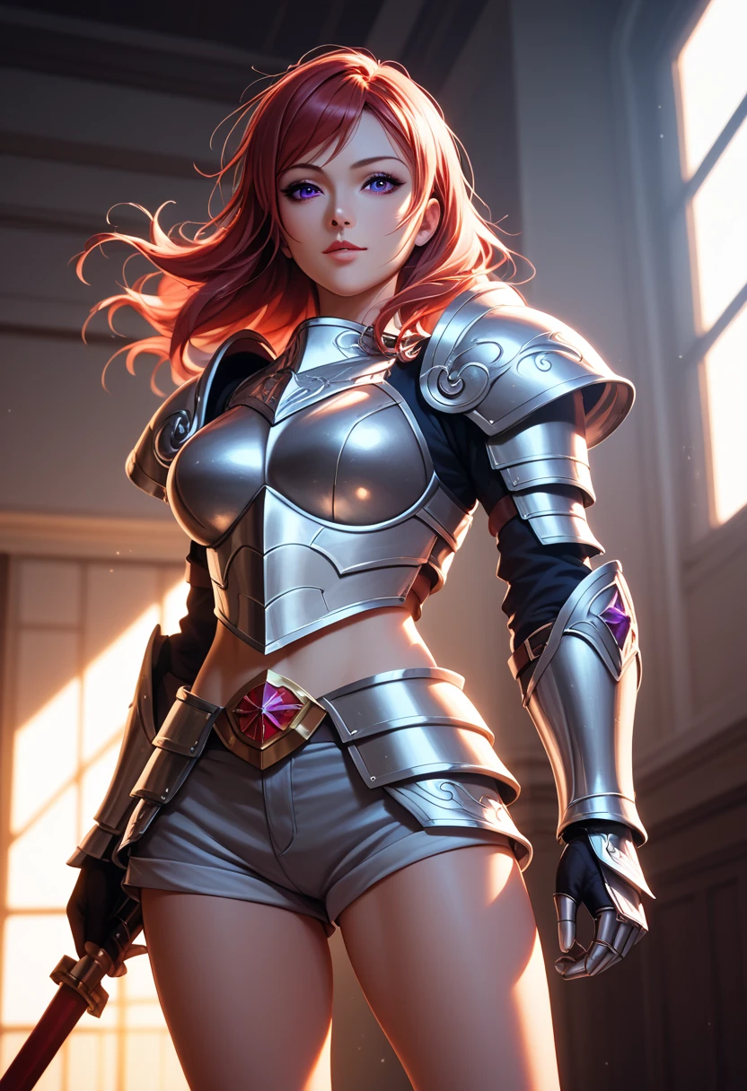 bitch medium breasts, white cape, armor, purple skirt, silver boots, red hair, beautiful face, green eyes, smile, (masterpiece:1.2), best quality, absurdres, highres, extremely detailed wallpaper, perfect lighting, outdoors, grass, field,