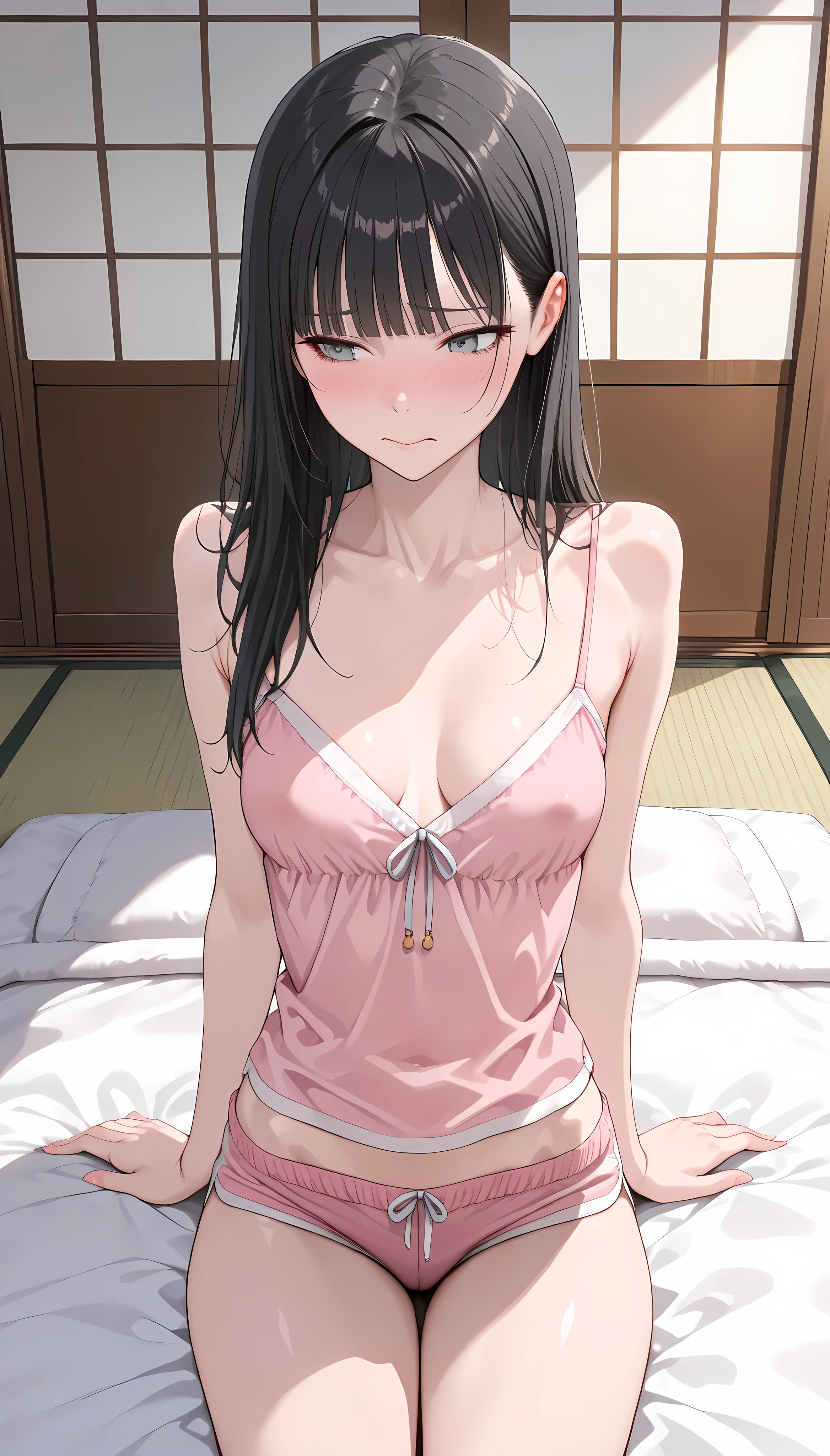 (masterpiece,best quality:1.2,amazing quality,very aesthetic,absurdres,newest,realistic),1woman,(adult:1.2),(very small head:1.2),medium breasts,(ideal ratio body proportions:1.2,slender body:1.2,skinny:1.2),long hair,black hair,blunt bangs,gray eyes,embarrassed,Loungewear,micro shorts,w-sitting,futon,tatami,Japanese-style room,