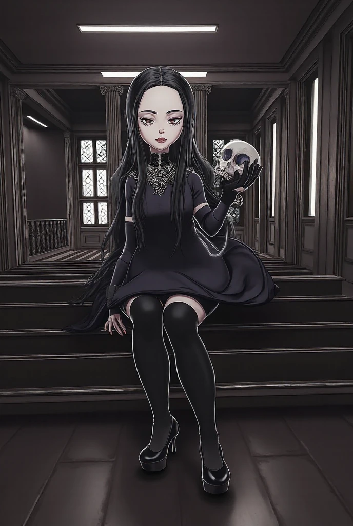 <lora:luts:.8> japanese horror girl, doll, sitting on a shelf, scary, menacing, pale, long black straight hair, black stained white dress, full body shot, creepy, eerie vibe, CCTV, <lyco:DonMV01dm4g1c:0.7>