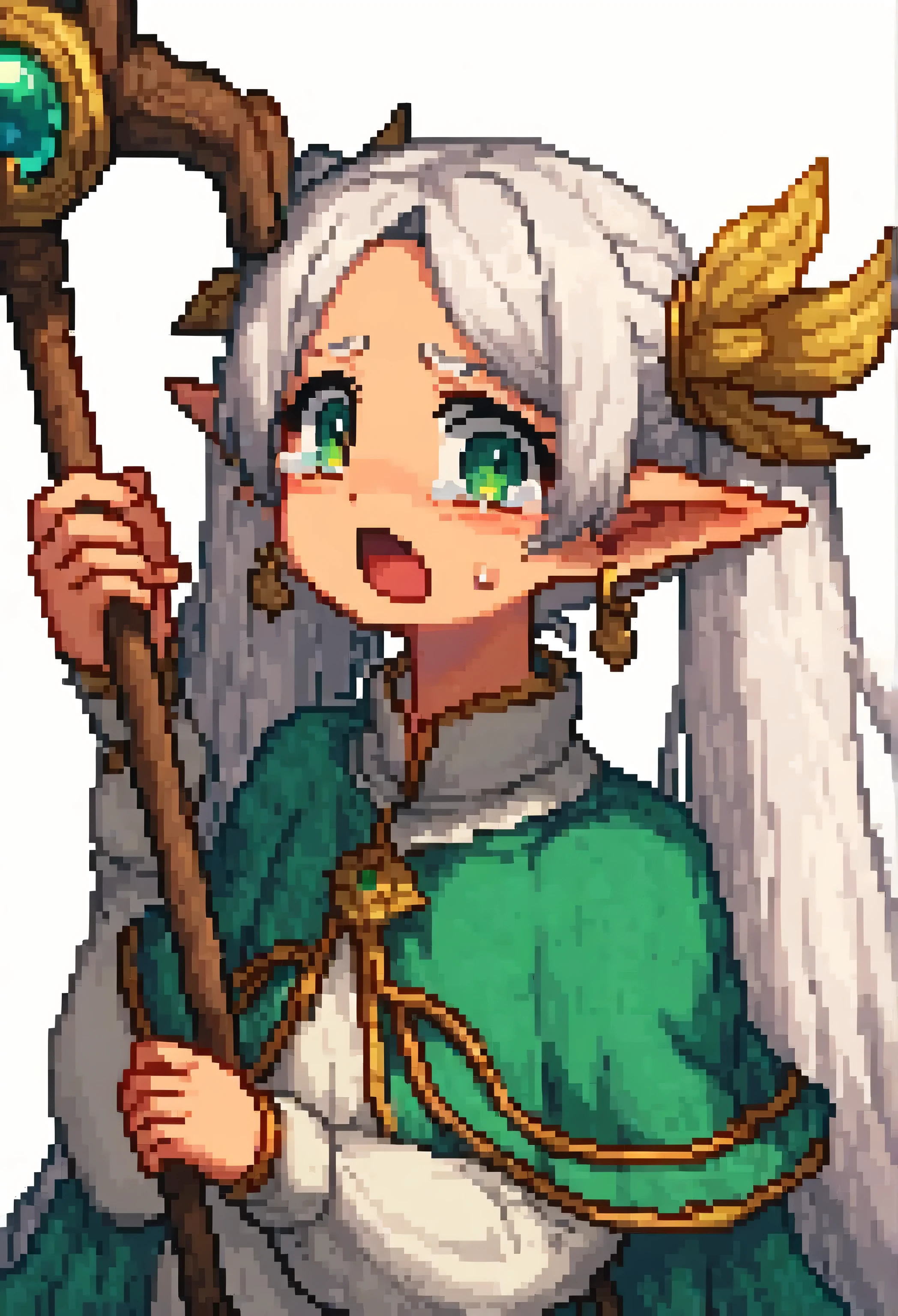 score_9, score_8_up, score_7_up, score_6_up, BREAK
source anime, nereirfpnxl, frieren, 1girl, solo, pointy ears, green eyes, twintails, staff, very long hair, earrings, holding, jewelry, white background, holding staff, capelet, elf, looking at viewer, dress, simple background, white capelet, long sleeves, white dress, closed mouth, parted bangs, white hair, upper body pixel,pixel art, 8 bits, open mouth, solo, tears, crying, blush, crying with eyes open,