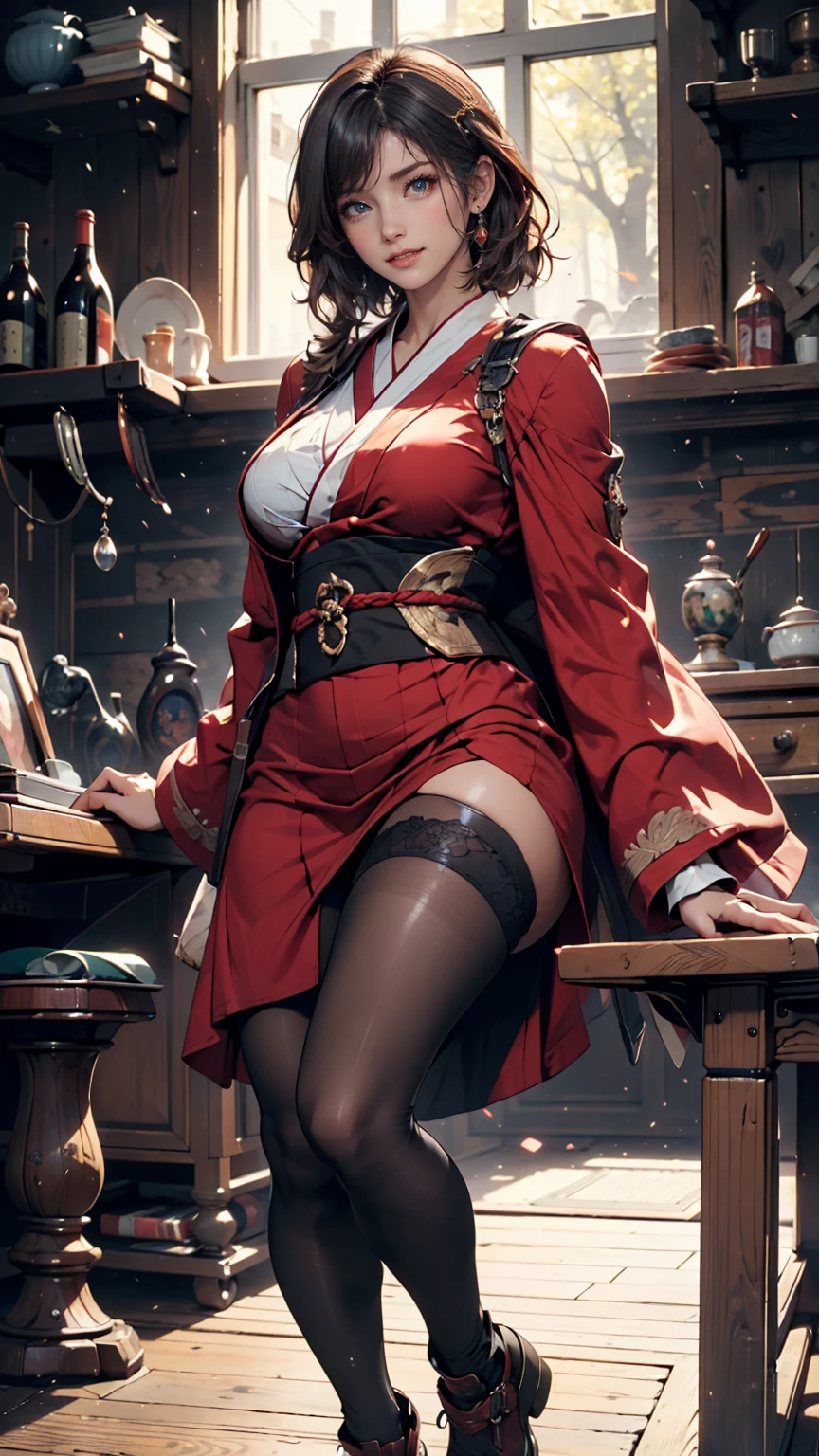 (((masterpiece))), ((high resolution)), detail, red-haired girl, hypdertailed, sitting on a table, greeneyes, breasts big, defined abdomen, (((thick-thighs))), choker, red lace open corset, books on the table, wearing glasses, legs spread open, crotch focus