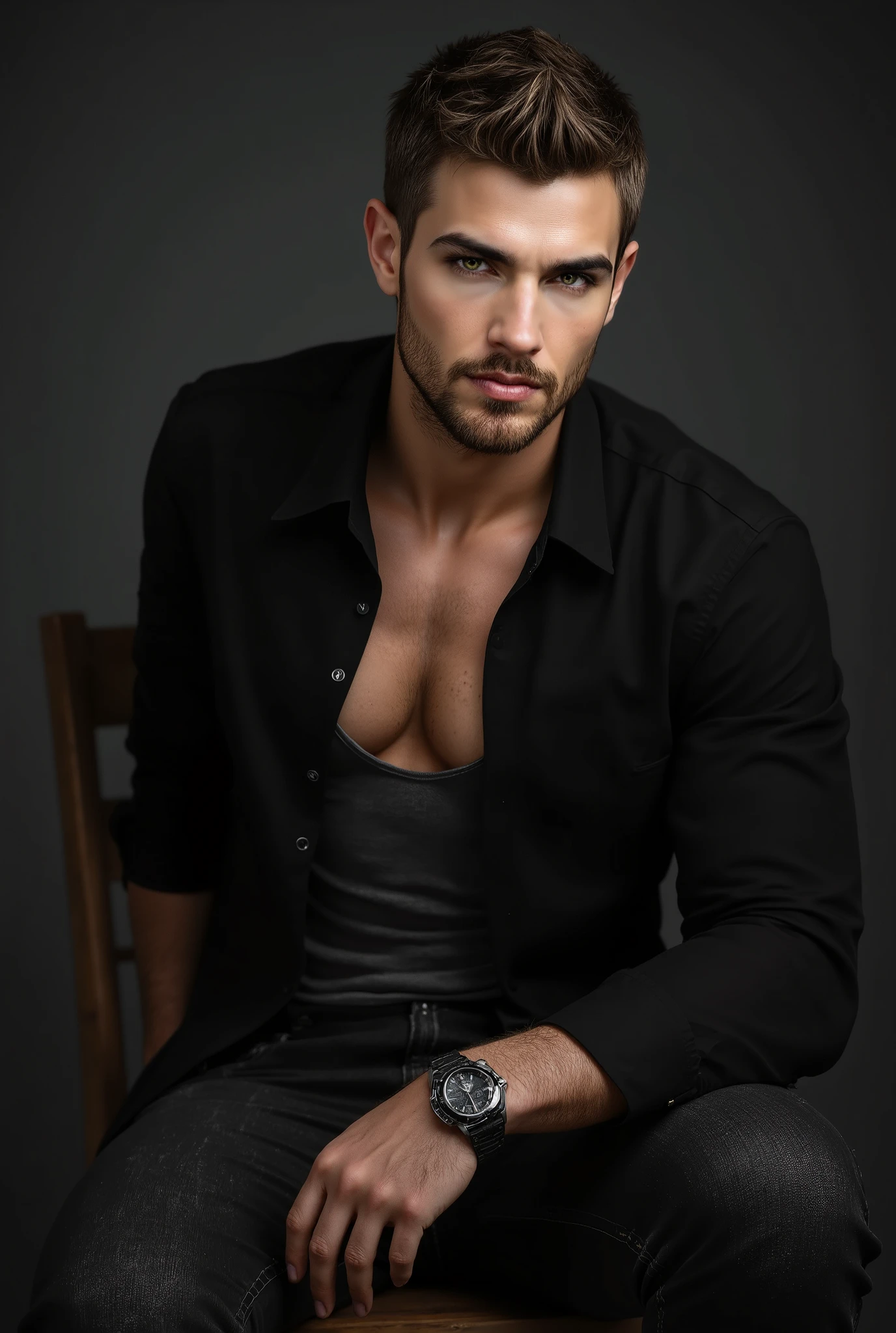 A highly detailed photorealistic image of a European man with strikingly pale skin glowing softly under dim lighting. He has a short, messy haircut and a neatly trimmed beard, emphasizing his rugged charm. His deep-set brown eyes exude mystery and allure. He wears an unbuttoned black dress shirt over a fitted gray tank top, paired with dark jeans and polished leather boots. A luxury watch with a matte black face accents his wrist, symbolizing power and precision. His stance is confident, one hand resting on the back of a chair as he smirks provocatively at the camera. The background is a neutral dark gray tone, creating a dramatic contrast to his fair complexion
