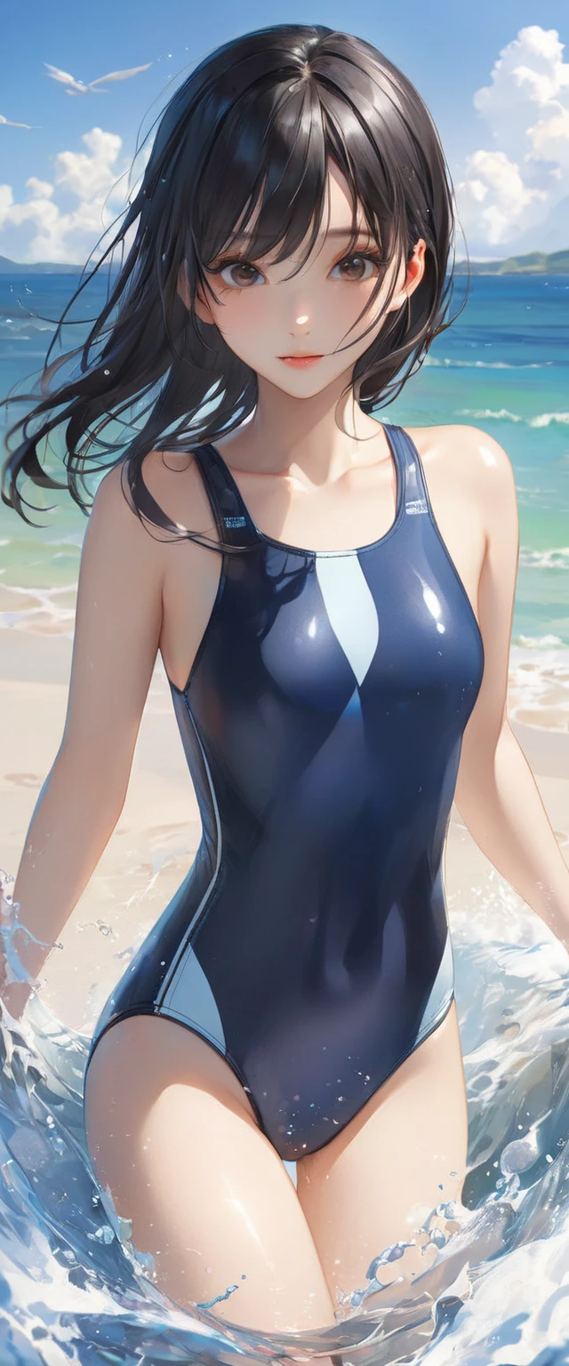 (((4K,masterpiece,best quality,ultra detailed,high resolution))),(daytime,clear weather,front light),((solo)),(beautiful woman),(black hair,long hair,blunt bangs,straight hair),(beautiful face,beautiful eyes),(finely detailed skin,fair skin),light smile,(one-piece competition swimsuit,navy swimsuit,wet-swimsuit),(beautiful lake,beautiful sky),(small breast,perky breast,small hip),((cowboy shot,from below)),cameltoe,