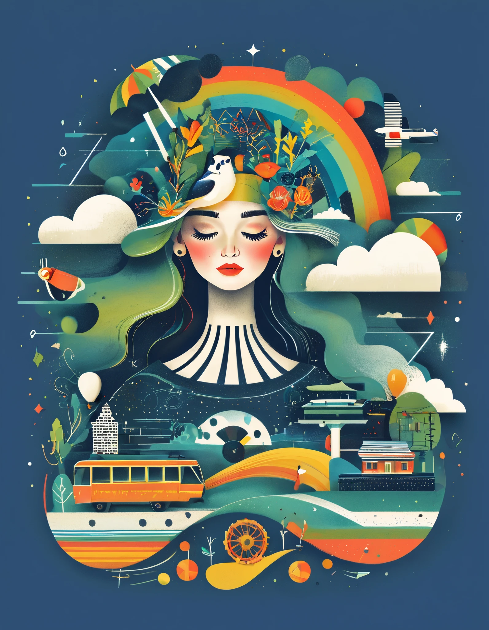 (Long Shot: 1.8), ( masterpiece,  Best Quality : 1.2), (Flat vector: 1.3),  art concept illustration ,  Minimalist,  Minimalist风格, 一个中国白发老奶奶的头上装饰着许多五颜六色的 拉杆箱和Poker，Poker，sunglasses，（straw hat），camera， airplane ，bike,  and hair with elements of mountains and athletics , with various patterns and fonts  ( The neck blends with the scattered racetrack ), ( sports trail ), rainbow，Fantasy illustrations, evocative charm .  The background blends with her hair ,  portraits and racing elements put together ,  for imaginative illustrations , Dream concept ,