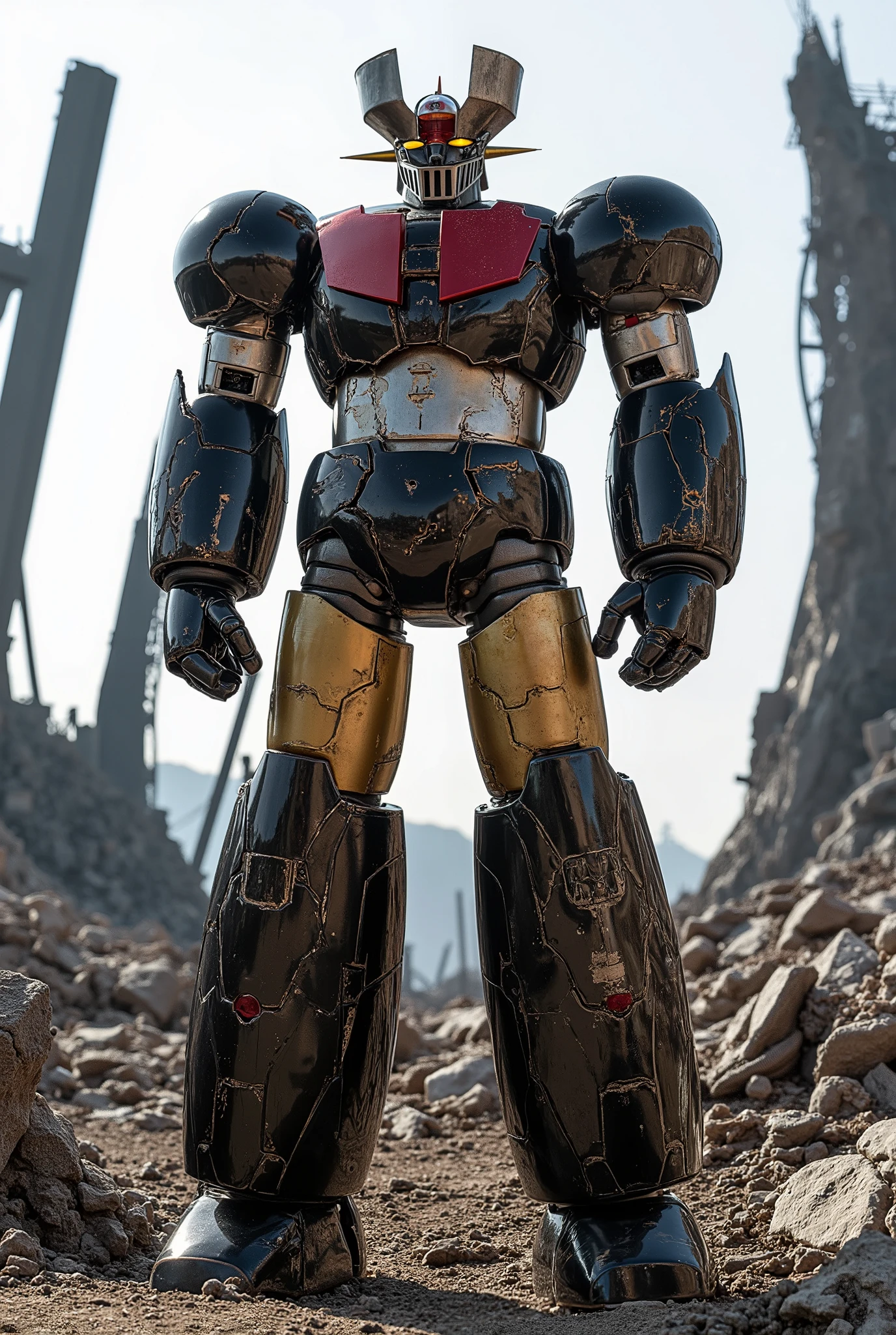 The iconic features such as the highly restored invincible bronze , 38 m high in the front position . , Constructed with modern materials such as steel , Carbon fiber , Other industrial elements are also visible , Like the real thing , Beautiful Appearance . , Bolt , Realistic Texture , The limbs are black . breastplate and head have been carefully reproduced. set on the battlefield , Mazinger Z stands on the remains of a machine beast , Bathed in natural light 、 megastructure,Highlighted with realistic shadows .