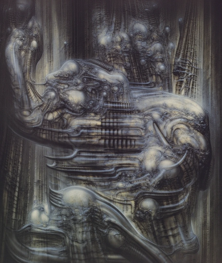 The image is a detailed view of H.R. Giger's biomechanical tableau \" Landscape XVI \" plate, featuring.
(airbrush painting, Giger's alien in front of broken alien ship in landscape, natural light, sharp focus, illustration, highly detailed, digital painting, concept art, matte, art by gric and kozhanov and moebius and Alphonse Mucha, masterpiece, HDR ,UHD , uplight, in HRGigerArhP style);1.
surrealistic painting of a monster with multiple tentacles and a body that looks like a brain, surrounded by a chaotic scene of swirling clouds and other monsters
 It's a complex network of bones and organs in eldritch color scheme:a greenish-brown hue ,swirling gery and brown colors. The artwork is silverish and green brown, with an ivory bones prominently displayed. The image is highly detailed and intricate, almost like a 3d version of a medical sketchwork.   
The piece is a tableau, most likely created with a India ink pen or pencil on paper, determined by the thin lines, shading techniques, and the texture of the paper, which is visible around the edges.
Used is pen, given the shading and variations in line weight visible in the image. Artist have used a variety of stylus with different degrees of hardness to achieve the shading effects.
 The use of undersaturated green-grays dark contrasts creates a stark and graphic look. Is used a variety of linework techniques to create different textures. Fine, parallel lines create a smooth, metallic texture,while thicker, more cursive lines suggest cables or wires.
Light source from the top highlights skeletals, pper part of foreground, lower part of image is in shadowupper part of foreground, lower part of image is in shadow.
The art performance showcases the artist’s skills in observation and rendering. The level of detail in the piece suggests a close study of real bone specimens and mechanics. The artist has skillfully used shading techniques to create a convincing illusion of three-dimensionality on a flat surface. The wrinkles 