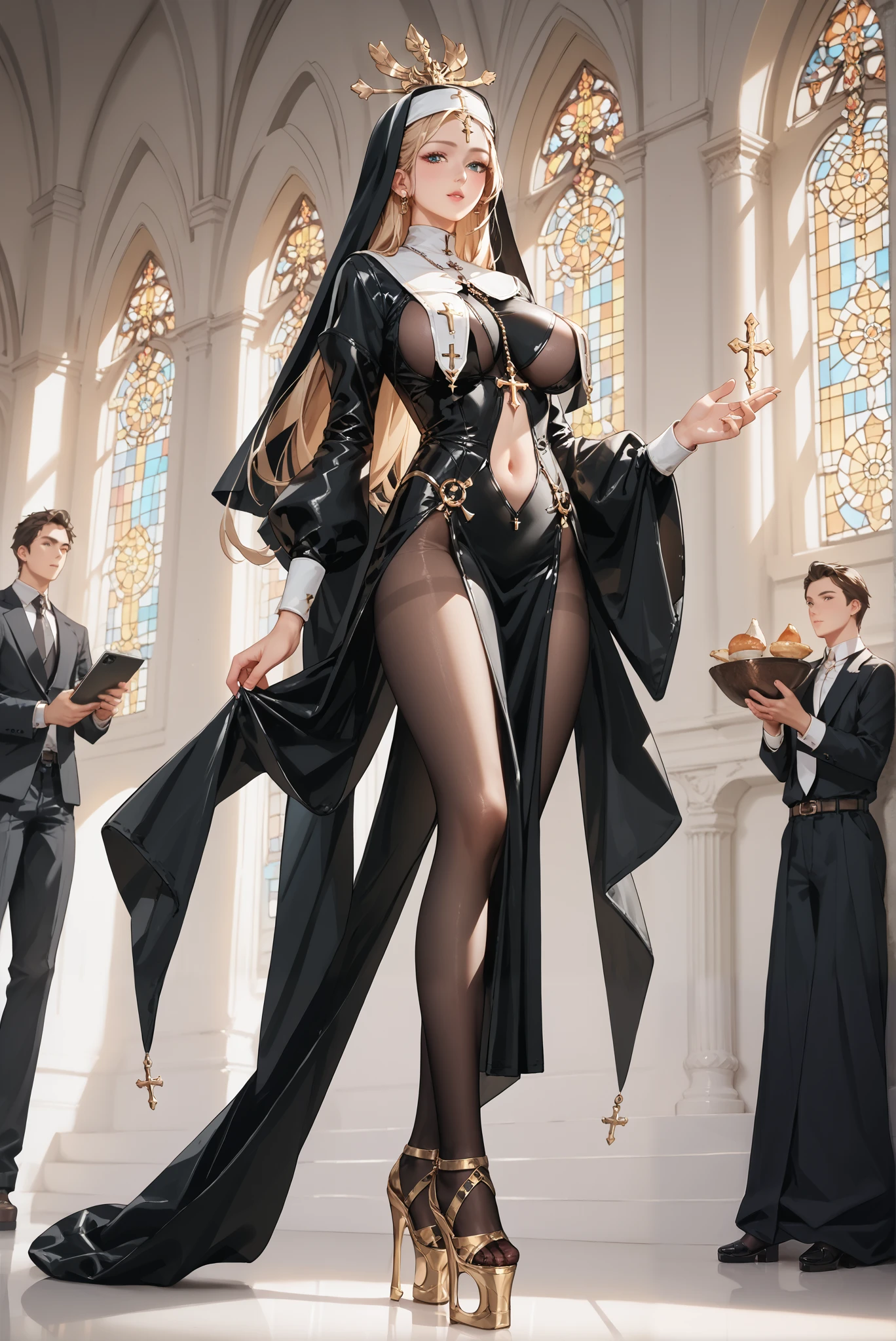 （ stands，whole body:1.7),ruanyi0847,bodysuit,breast curtains,dress,nun,pantyhose,pelvic curtain,HoleHeels，Hole platform/ oval/ Circle Heels，Heels ， 1girl ,  Huge ,long hair, Cutting,navel,dress,Royal,rich,jewelry,hair accessories, 

