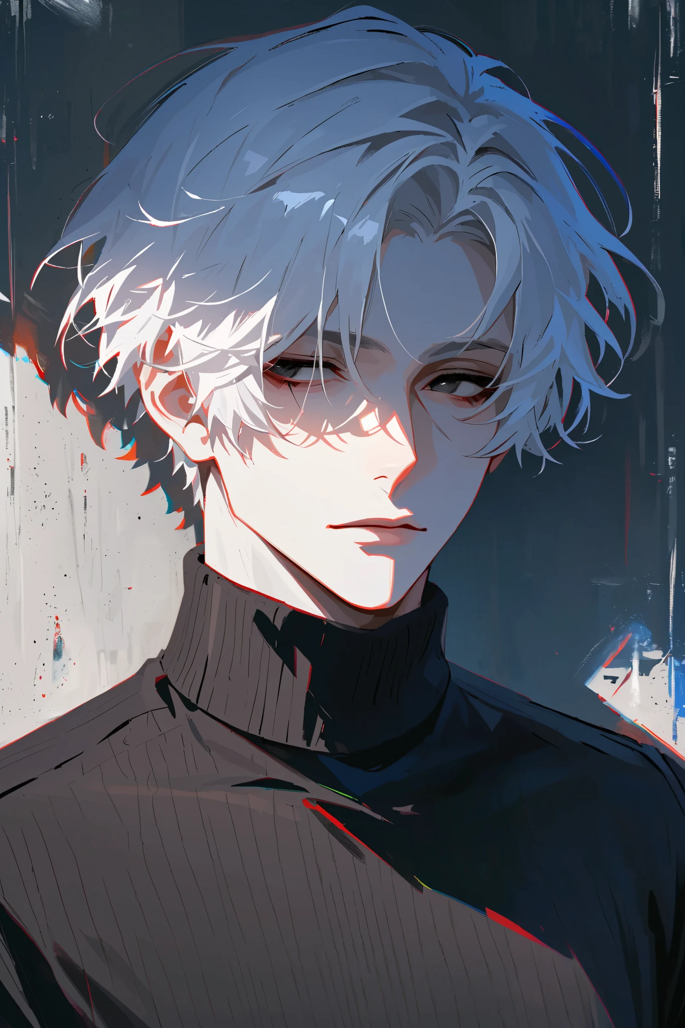 impasto, short hair, masterpiece, best quality, 1 man , white hair , perfect face , black eye , handsome male , Alone, pale skin , adult male , upper body , delicate line drawing,Extremely detailed , a faint smile, black turtleneck