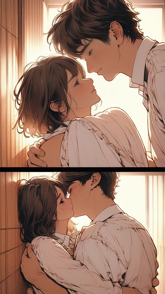 Boy and woman, beautiful woman, kissing each other with passion, in a bedroom, bright room, candles lit, night time,