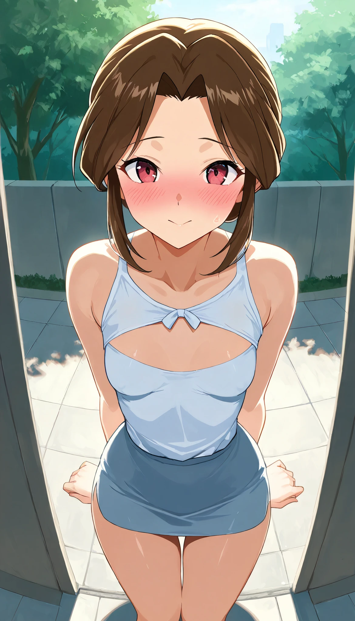 miyoshi kaya, light brown hair, high ponytail,orange eyes, parted bangs, forehead,
1girl,solo,looking at viewer, ,evil smile,,,(spoken heart),,outdoor,flat chest,miniskirt,camisole,panties,socks,ass,from back