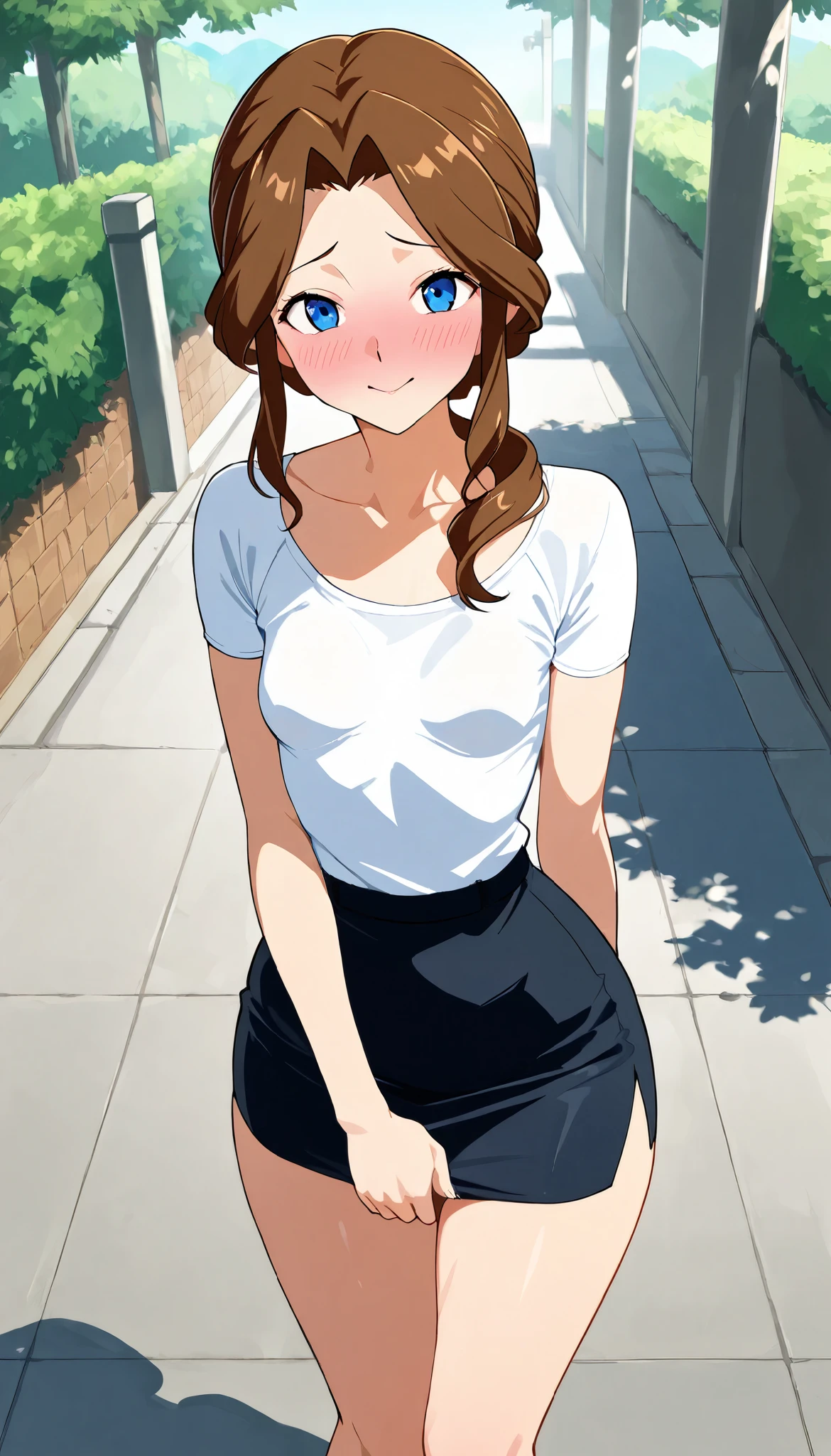 (( one woman standing upright on the floor)), masterpiece, top quality, LATEST ANIME , beautiful mature woman ,Outdoors ,safe, Perfect Eyes, perfect eyes, and my cheeks are blushing, perfect hands,(( seen from the front )),( Tiny Breasts :1.2), big ass、White tightT shirt、 pencil miniskirt