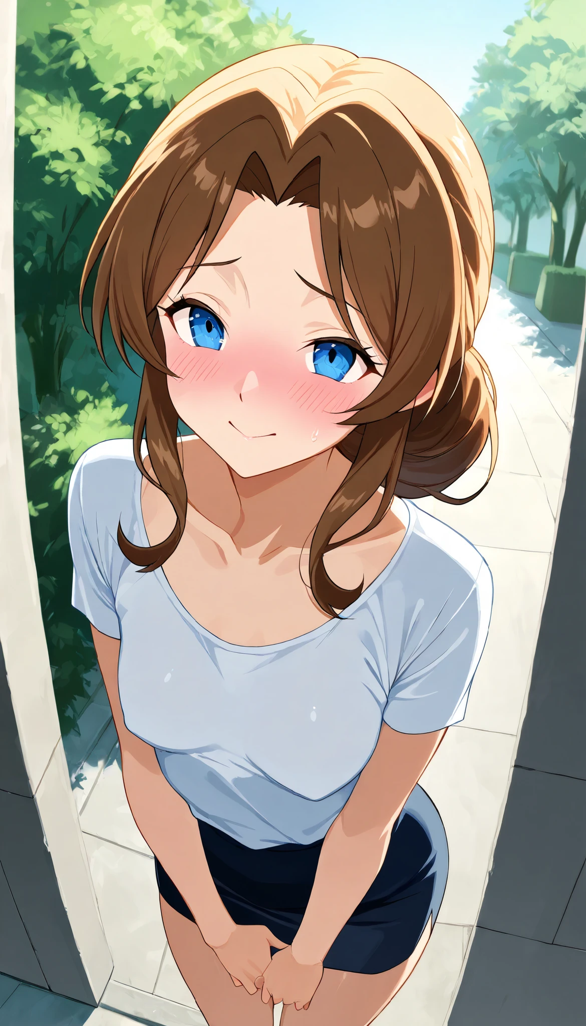 (( one woman standing upright on the floor)), masterpiece, top quality, LATEST ANIME , beautiful mature woman ,Outdoors ,safe, Perfect Eyes, perfect eyes, and my cheeks are blushing, perfect hands,(( seen from the front )),( Tiny Breasts :1.2), big ass、White tightT shirt、 pencil miniskirt