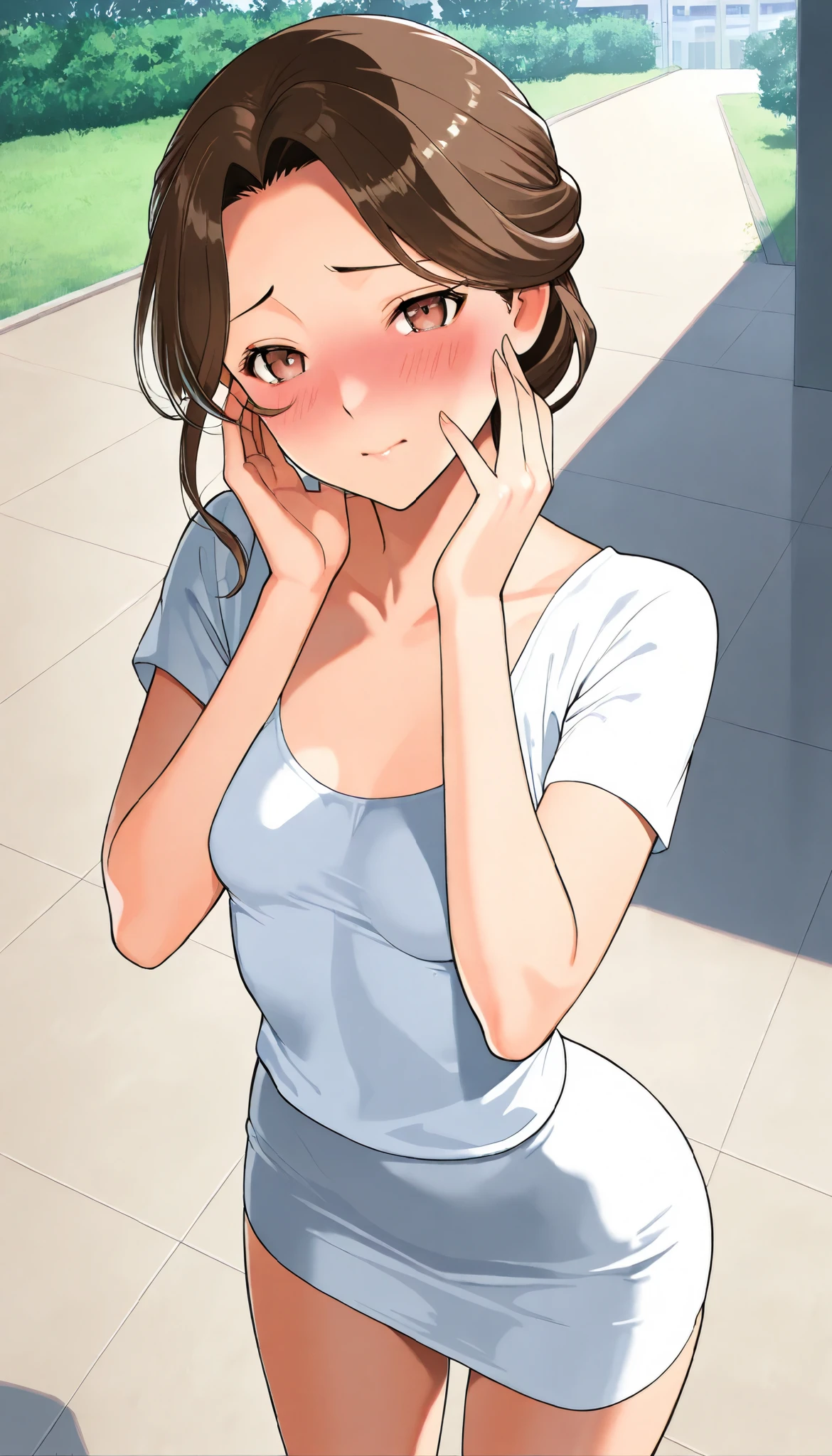(( one woman standing upright on the floor)), masterpiece, top quality, LATEST ANIME ,  beautiful mature woman ,Outdoors ,safe, Perfect Eyes, perfect eyes, and my cheeks are blushing, perfect hands,(( seen from the front )),( Tiny Breasts :1.2), big ass、White tightＴ shirt、 pencil miniskirt 