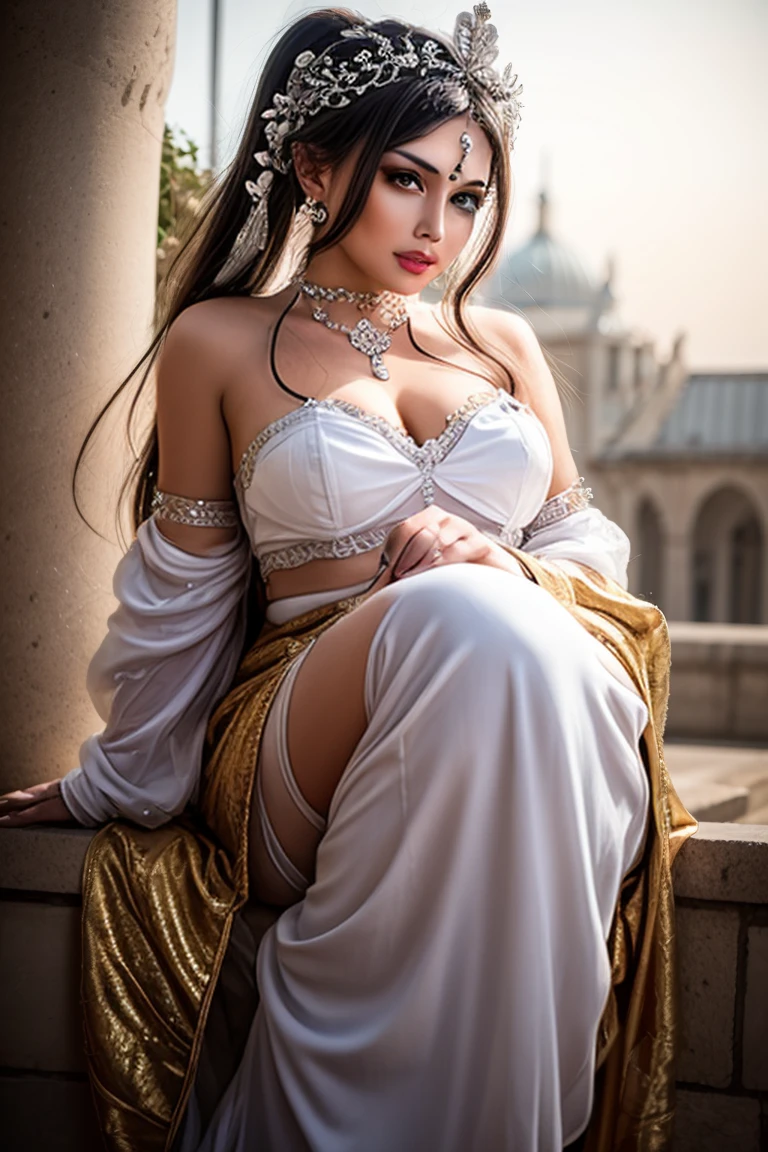 Monica Bellucci as a celestial apsara, beautiful woman in front of a snow capped mountain, sexy, wearing a strapless bra and an ornate sarong, dupatta in hand, bare feet, front view,