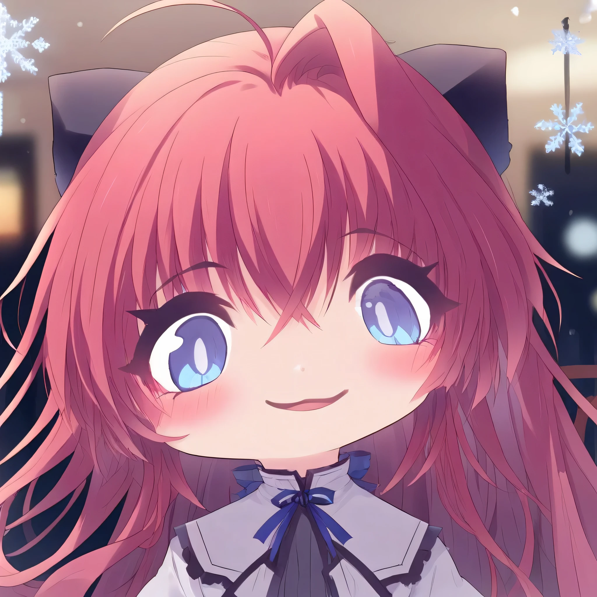 1girl, solo, long hair, breasts, looking at viewer, blush, smile, open mouth, bangs, blue eyes, long sleeves, dress, bow, ribbon, hair between eyes, medium breasts, very long hair, ahoge, :d, red hair, indoors, black dress, head tilt, blurry background, watermark, hair intakes, snowflakes, grey dress, inuisana,inuisana dress,inuisana casual,inuisana santa,inuisana jacket,sana skirt,sana shirt,chibi