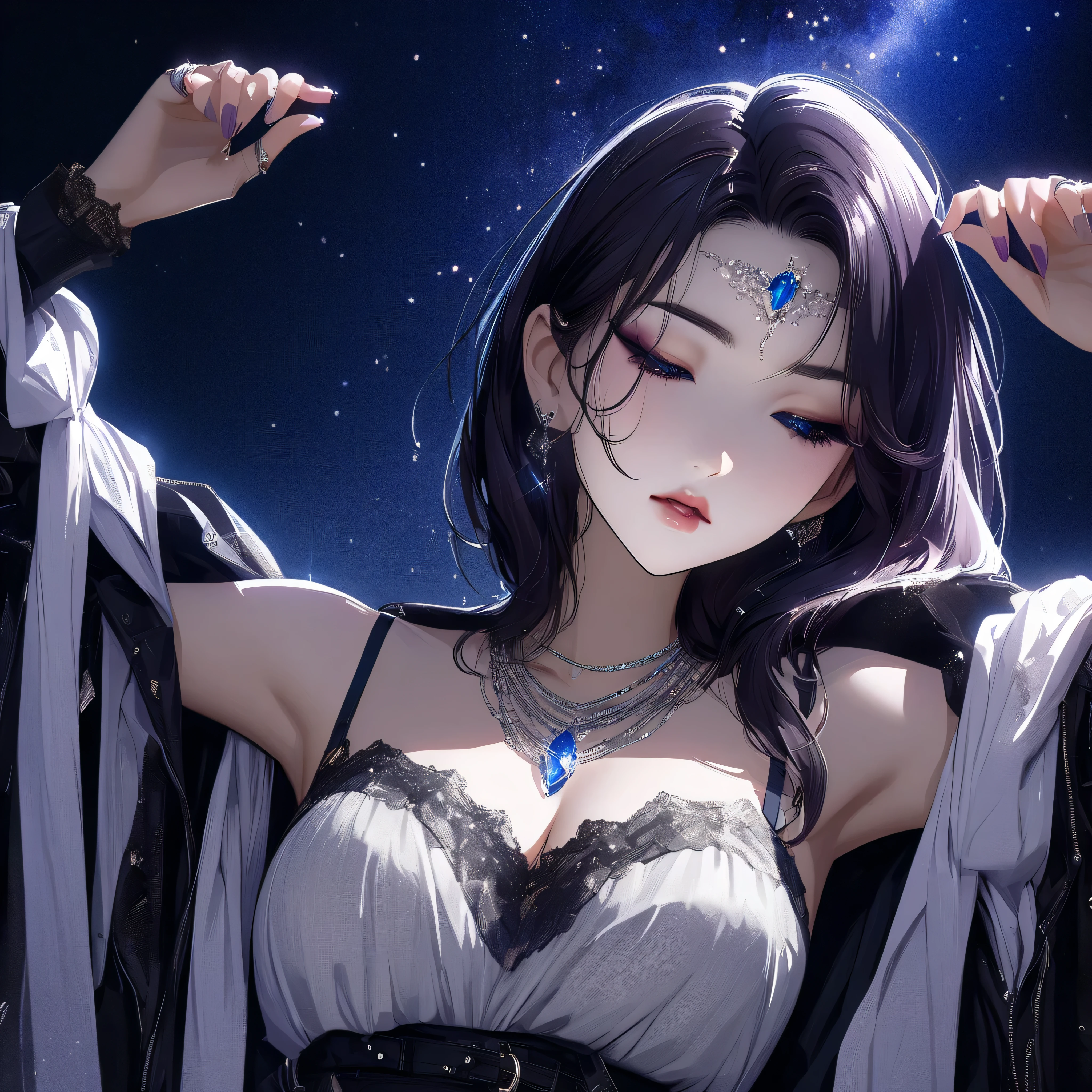   top quality、Ultra-precise depiction、 detailed map、  bright colors visible from the forehead、 beautiful girl 、 alone、Age 30、 accurate facial depiction、Night road、 dark lights 、Lie down on the road、 supine 、Pin Light、 starry sky 、 upshot 、Lean on me、   black suit 、 black pants、 bust up、 Hands up、Skin radiance、 Beautiful figure  、  Purple Short Hair、 sharp eyesight、Glare、 look down、 dark makeup、  BLUE ROUGE AND EYELINER、Glitter on hair 、 Feminization 、 Accurate Description 、  metal chain、 anime style illustration 、 Beautiful big boobs、Stole、 jewel necklace  、ring、 Fashion Model
