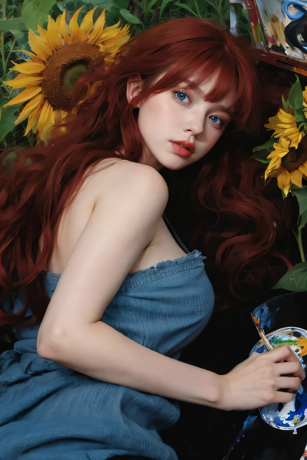(oil painting:1.5),
\\
a woman with (long redhead wavy hair with bangs), ((blue eyes)) and sunflowers in her hair is laying down in a field of sunflowers, (amy sol:0.248), (stanley artgerm lau:0.106), (a detailed painting:0.353), (gothic art:0.106)
