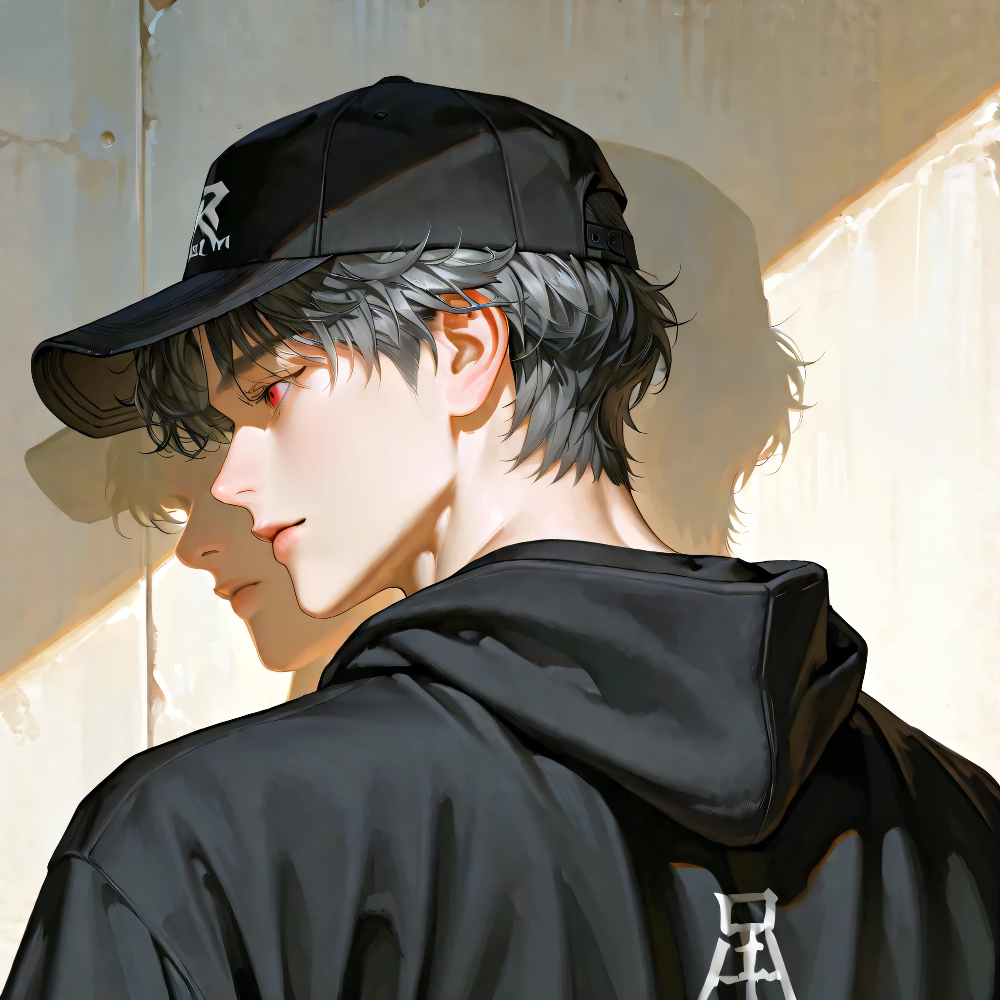 1명의 남자  back view(1:  dark gray hair,Dark red eyes : 1)(,  man 1 )  Clean skin,  short hair,  male-centered,  handsome man,  semi-realistic art   ,  semi-realistic art   style,  Expressive Brushwork ,  Vibrant Brushstrokes, Impressionist picture ,  realistic 피부,  realistic 머리카락,  realistic 디테일,   realistic ,  high detail,  naturally curly hair with a head,  handsome man,  male-centered, neat and clean hair,  handsome,  hoodie, sweatshirt,  hoodie,Wears a hat , Cover your face, A face that is hard to see, Hides the face.  back view, Back