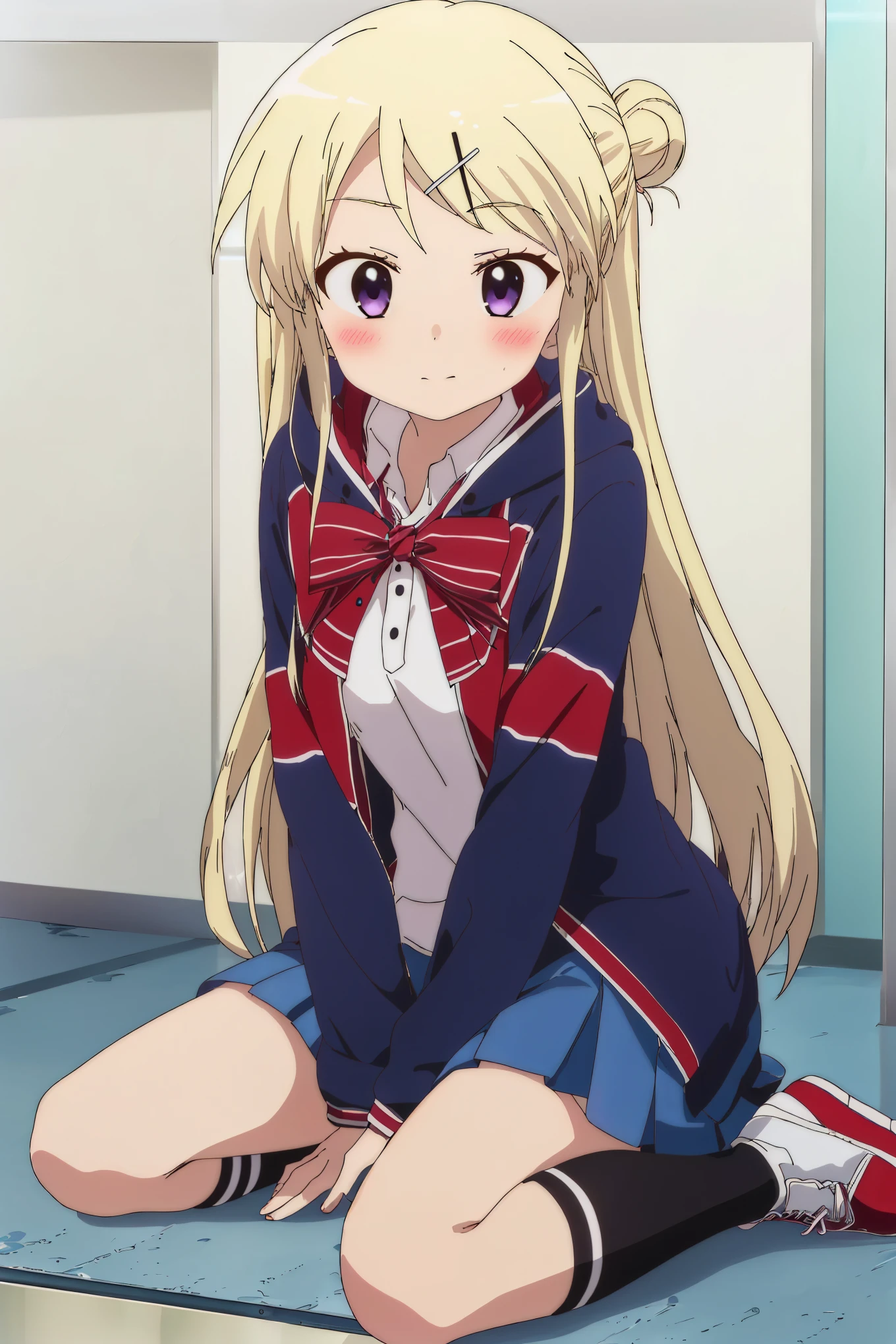 1girl, solo, long hair, blush, skirt, blonde hair, hair ornament, bow, sitting, school uniform, purple eyes, shoes, socks, hairclip, hair bun, kneehighs,single hair bun, x hair ornament, sneakers, union jack, kujou karen,