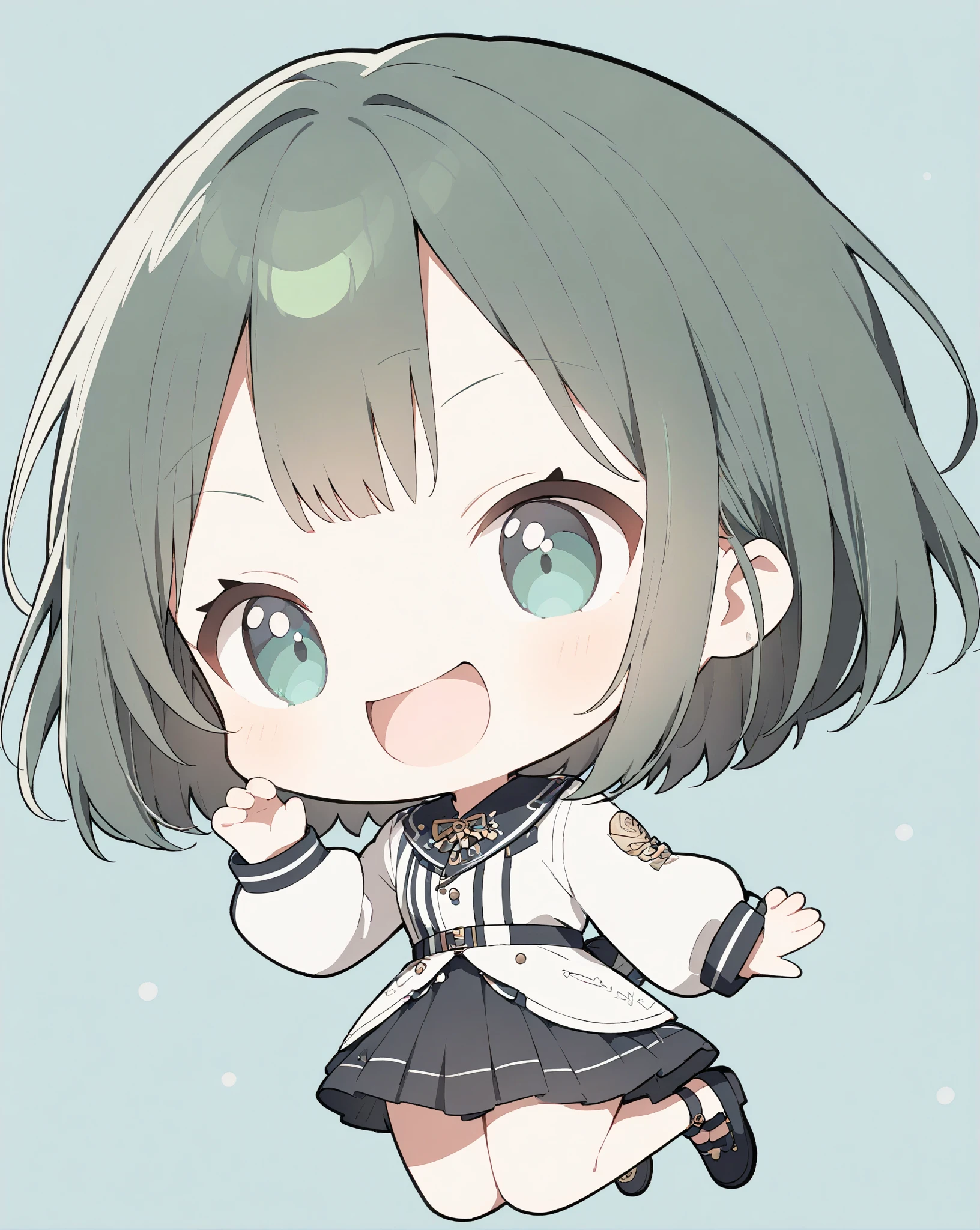 (((2.5 heads)))、(( High Details))、(( top quality))、((dark green hair color))、((Fun expression))、(( jumping pose))、 girl、solo、 cute、 beautiful girl、 anime style、(( full body))、