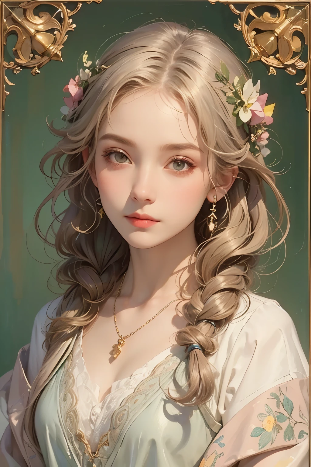 (detailed watercolor of a beautiful woman), soft touch, focus on face, (calm and gentle small smile), ((mostly straight but loosely curled silver grey medium length hair)), ((close up)), lustrous skin, glossy lips, ((wearing a spring coat over a casual pale pastel pink spring sweater)), (smart figure), small necklace, hair blowing in the breeze, striking portrait, use of contour, clean lines, line drawing, fine details, intricate details, bright primary colours used partially as accents, floral frame, art nouveau frame, art nouveau decoration, floral decorative panel, masterpiece, fine and intricate details, splashes of colour, (alphonse mucha's compositional style), fibonacci, atmospheric perspective, (winter outfit), atmospheric perspective, tyndall effect, muted colours, golden ratio, impressionist style, stress free mixed media masterpiece, fibonacci theory, impressionist style, cinematic, amazing! ,