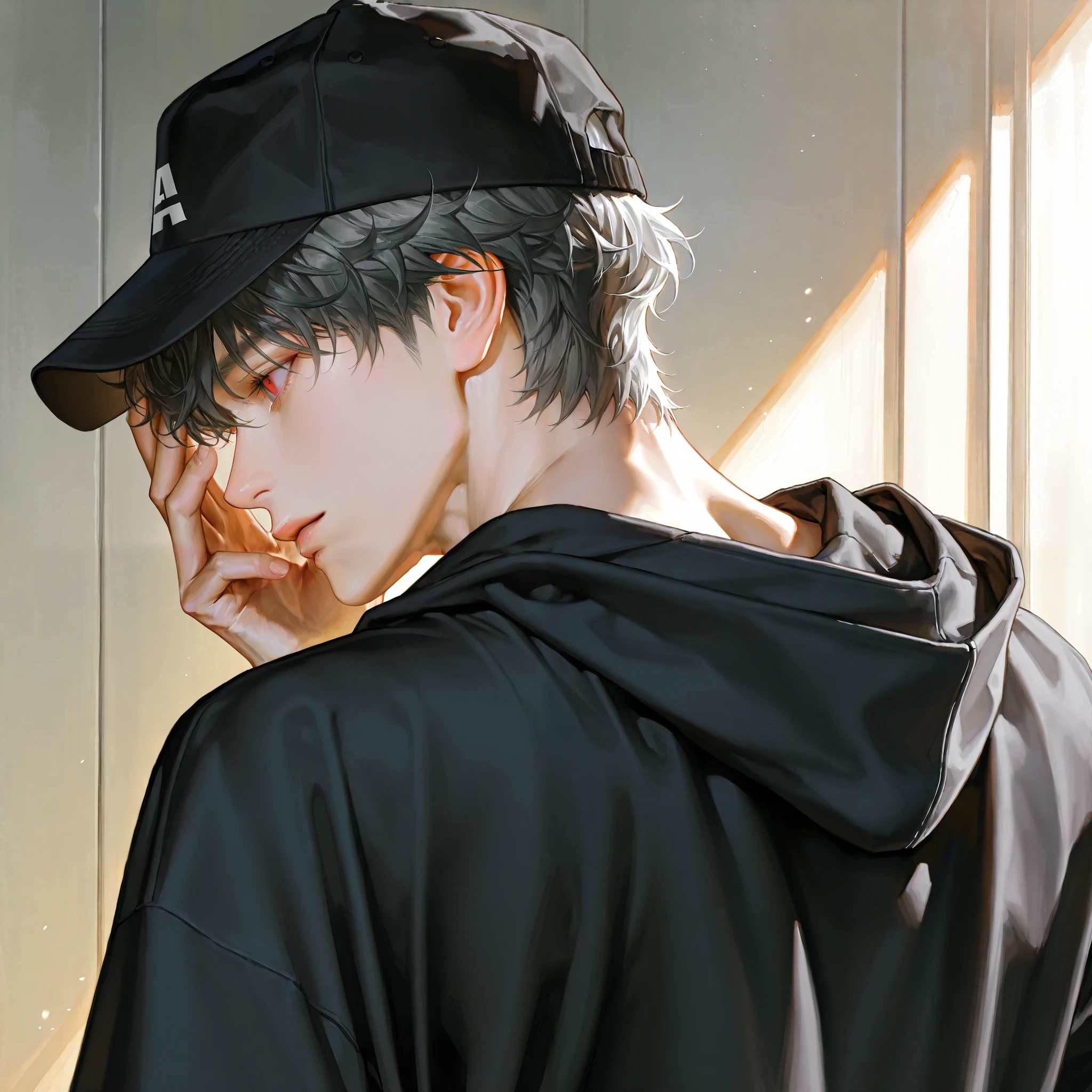 1명의 남자 back view(1: dark gray hair,Dark red eyes : 1)(, man 1 ) Clean skin, short hair, male-centered, handsome man, semi-realistic art , semi-realistic art style, Expressive Brushwork , Vibrant Brushstrokes, Impressionist picture , realistic 피부, realistic 머리카락, realistic 디테일, realistic , high detail, naturally curly hair with a head, handsome man, male-centered, neat and clean hair, handsome, hoodie, sweatshirt, hoodie,Wears a hat , Cover your face, A face that is hard to see, Hides the face. back view, Back, dark mood
