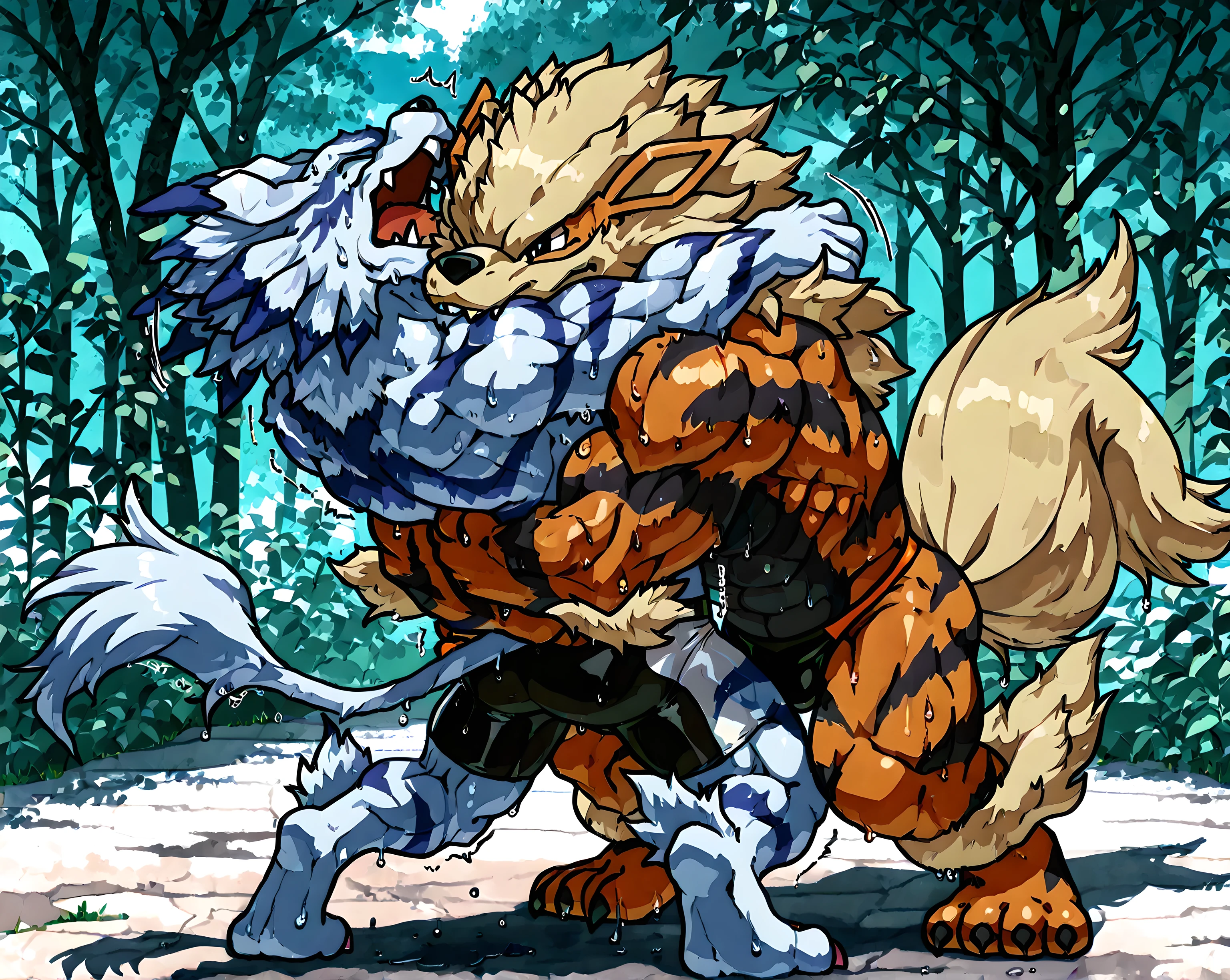 garurumon and arcanine, 4k ultra quality, 4k, masterpiece quality, garurumon, arcanine, bearhug, arched back, (sweaty, thick arms), muscular, male, two characters, bulging muscles, pained face, struggling, speedos,