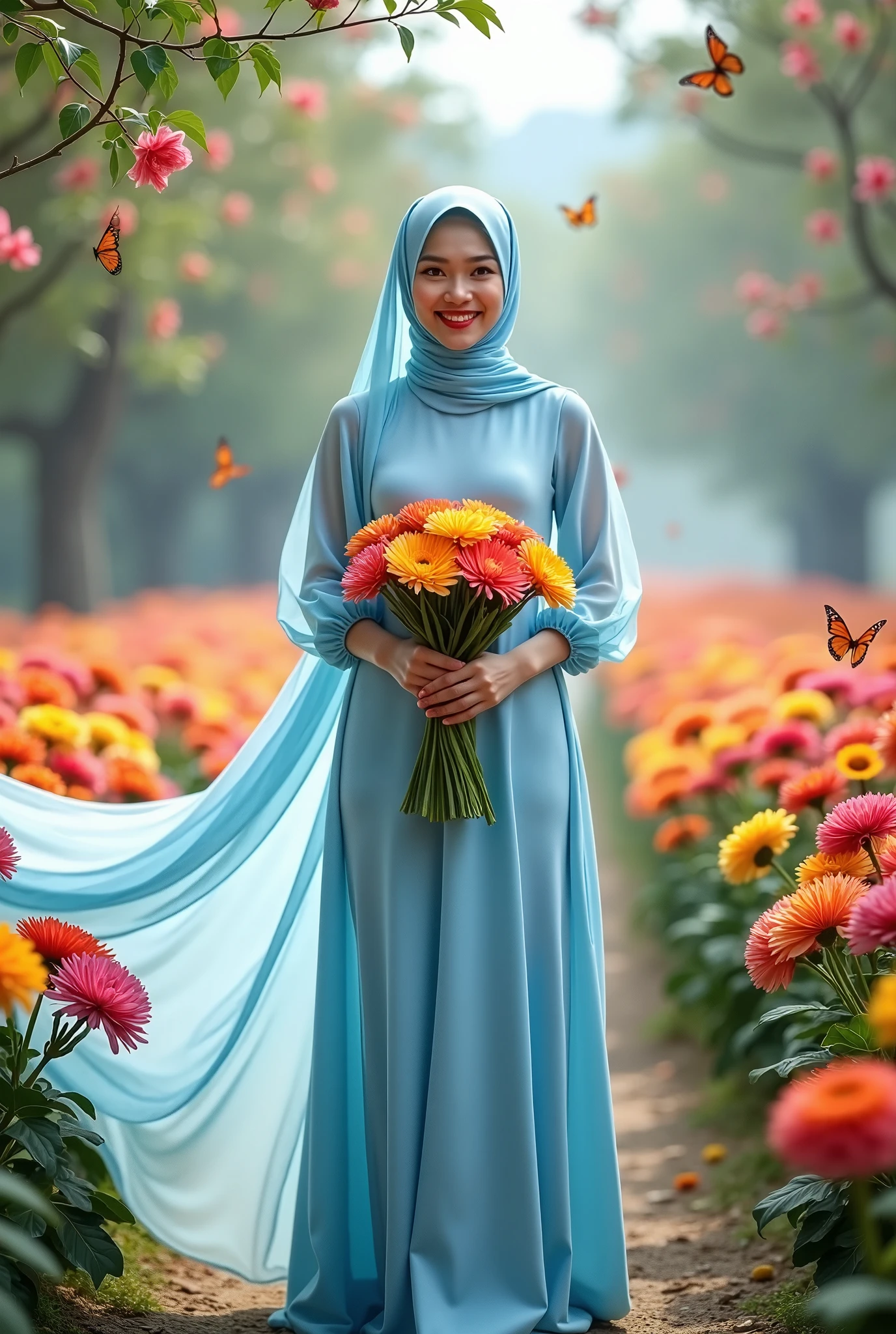 surreal fantasy photo:1.4, (vibrant:1.2), (whimsical:1.2), (dreamlike:1.2), high saturation, bright colors, ethereal lighting, dynamic movement, wide-angle, imaginative, otherworldly, colorful flora, flowing fabric, 24mm lens, f/4, fantastical, enchanting, a hijab woman in blue, in a flowing blue dress in a vibrant, fantasy-like environment